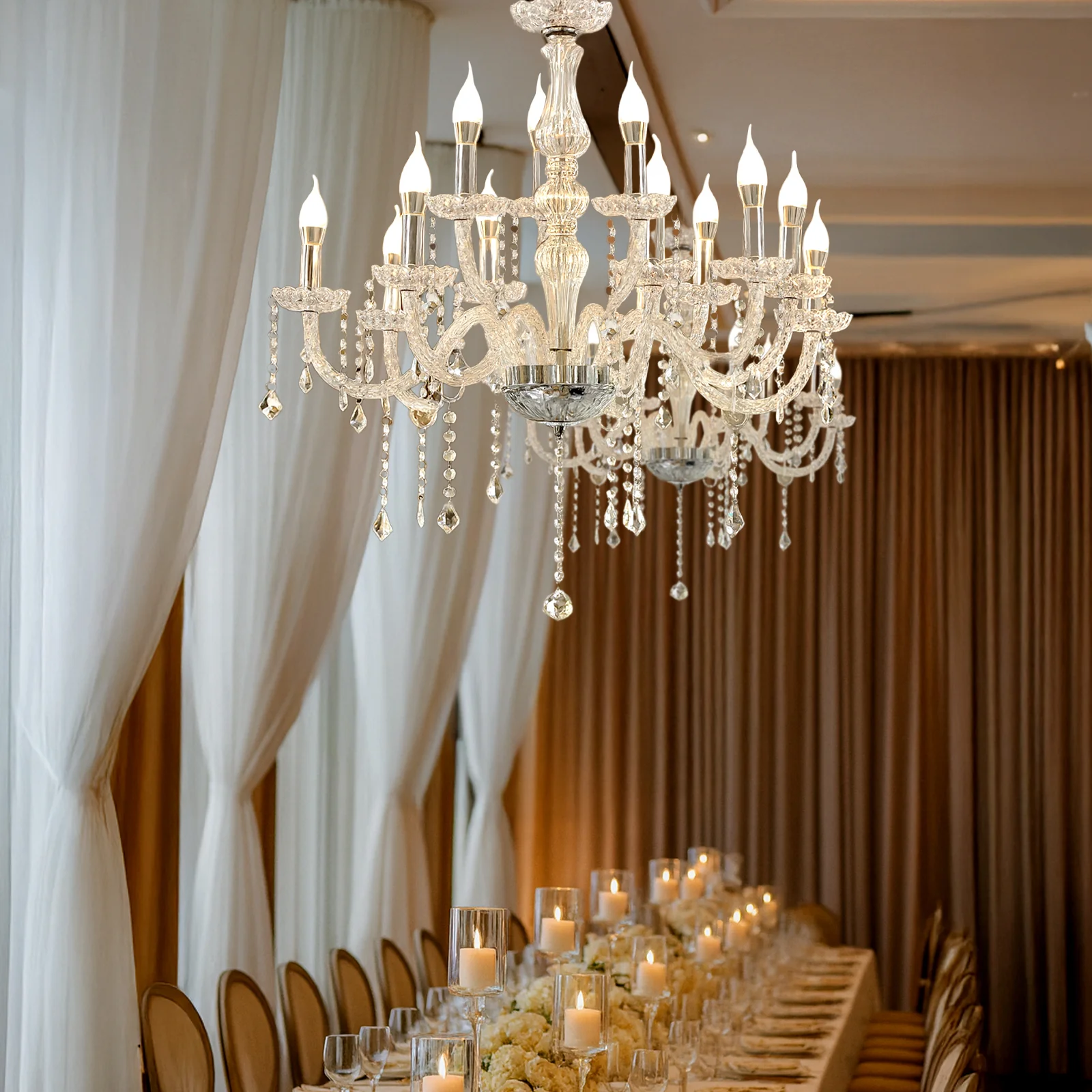Crystal Chandelier with 15 LED Candle Bulbs – Silver 2-Tier Acrylic Ceiling Light Fixture with Illuminated Upper and Lower Layers for Dining Room or Entryway – 2.5ft - Image 6