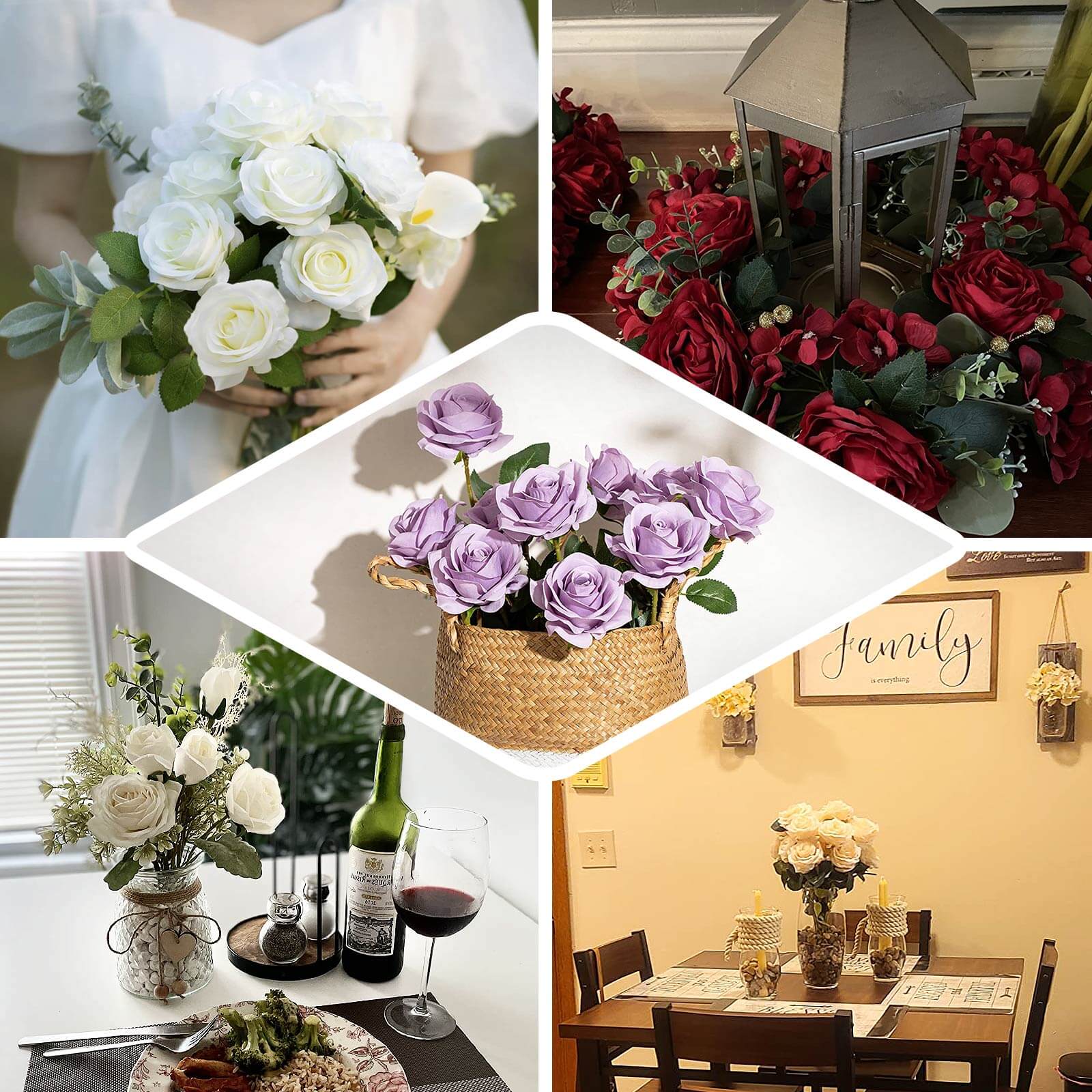 2 Bouquets Ivory Real Touch Artificial Silk Rose Flower Bushes 17" - Image 5