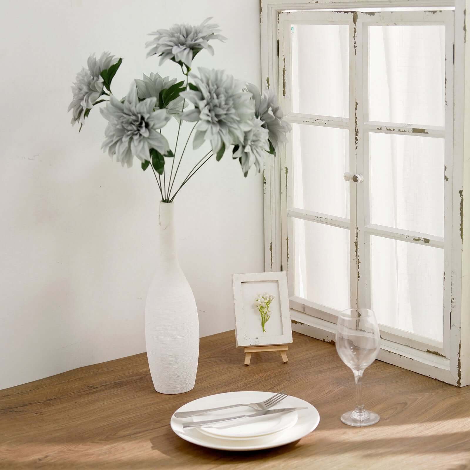 2 Bouquets Silver Artificial Silk Dahlia Flower Spray Bushes 20" - Image 2