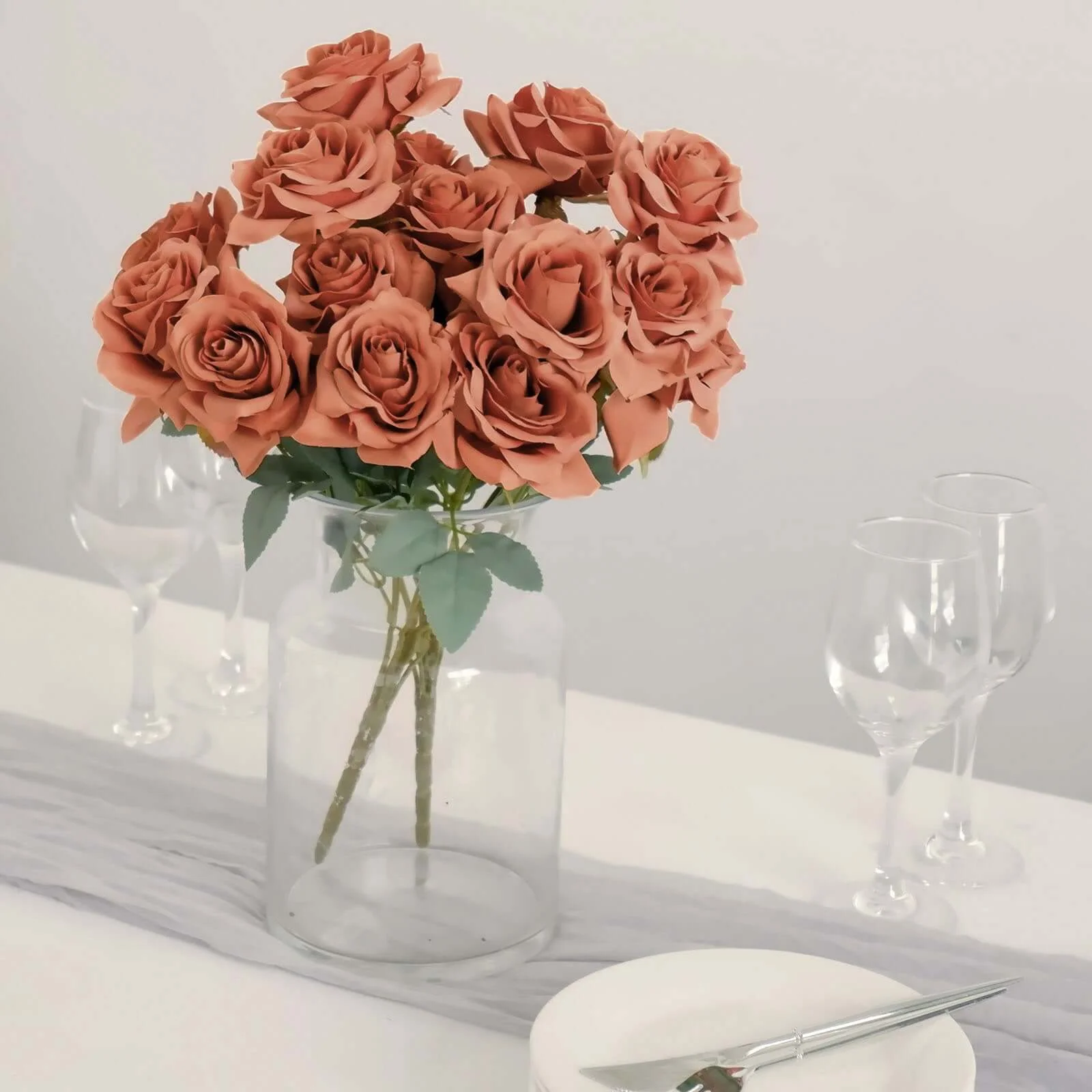 2 Bouquets Terracotta (Rust) Real Touch Artificial Silk Rose Flower Bushes 17" - Image 6