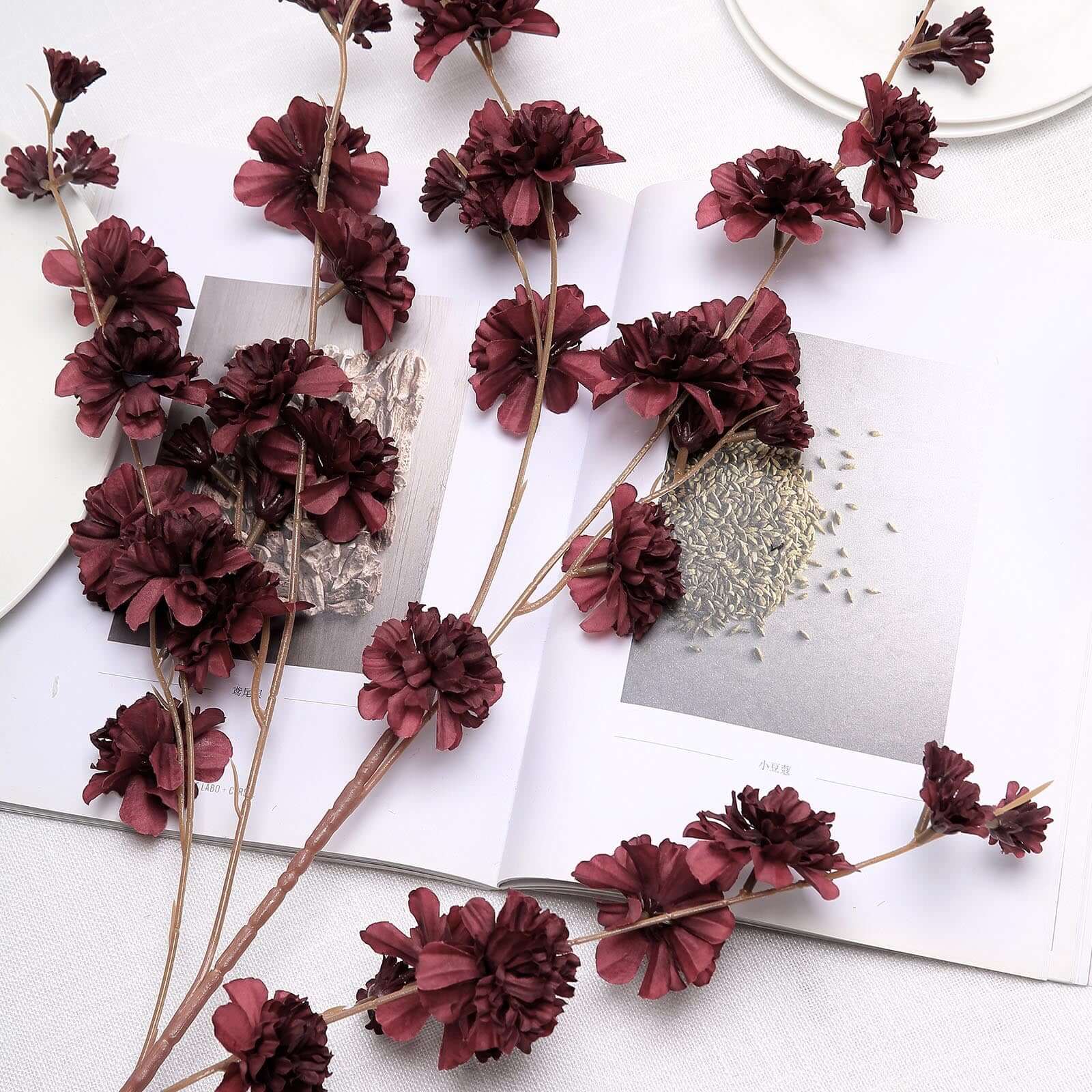 2 Branches Burgundy Artificial Silk Carnation Flower Stems 42" Tall - Image 2