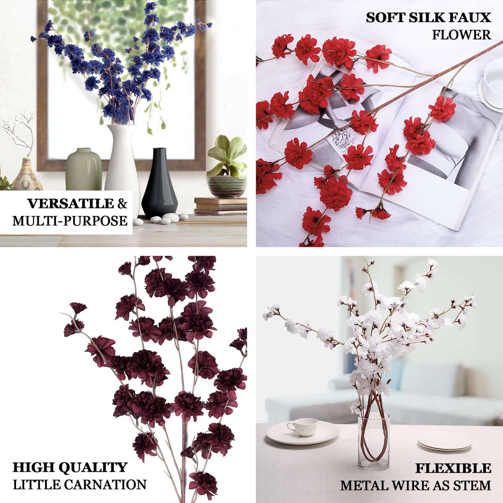 2 Branches Burgundy Artificial Silk Carnation Flower Stems 42" Tall - Image 4