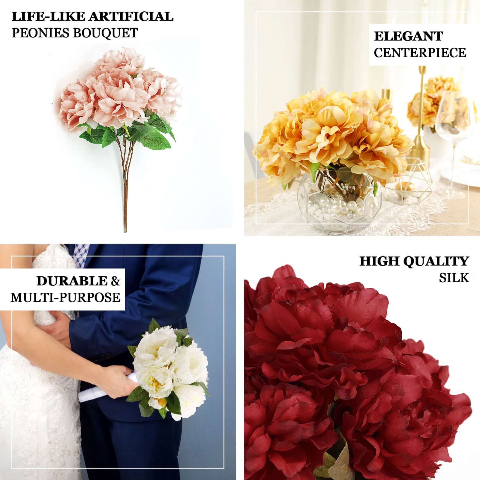 2 Bushes Blush Artificial Silk Peony Flower Bouquets, Real Touch Peonies Spray 17" - Image 4