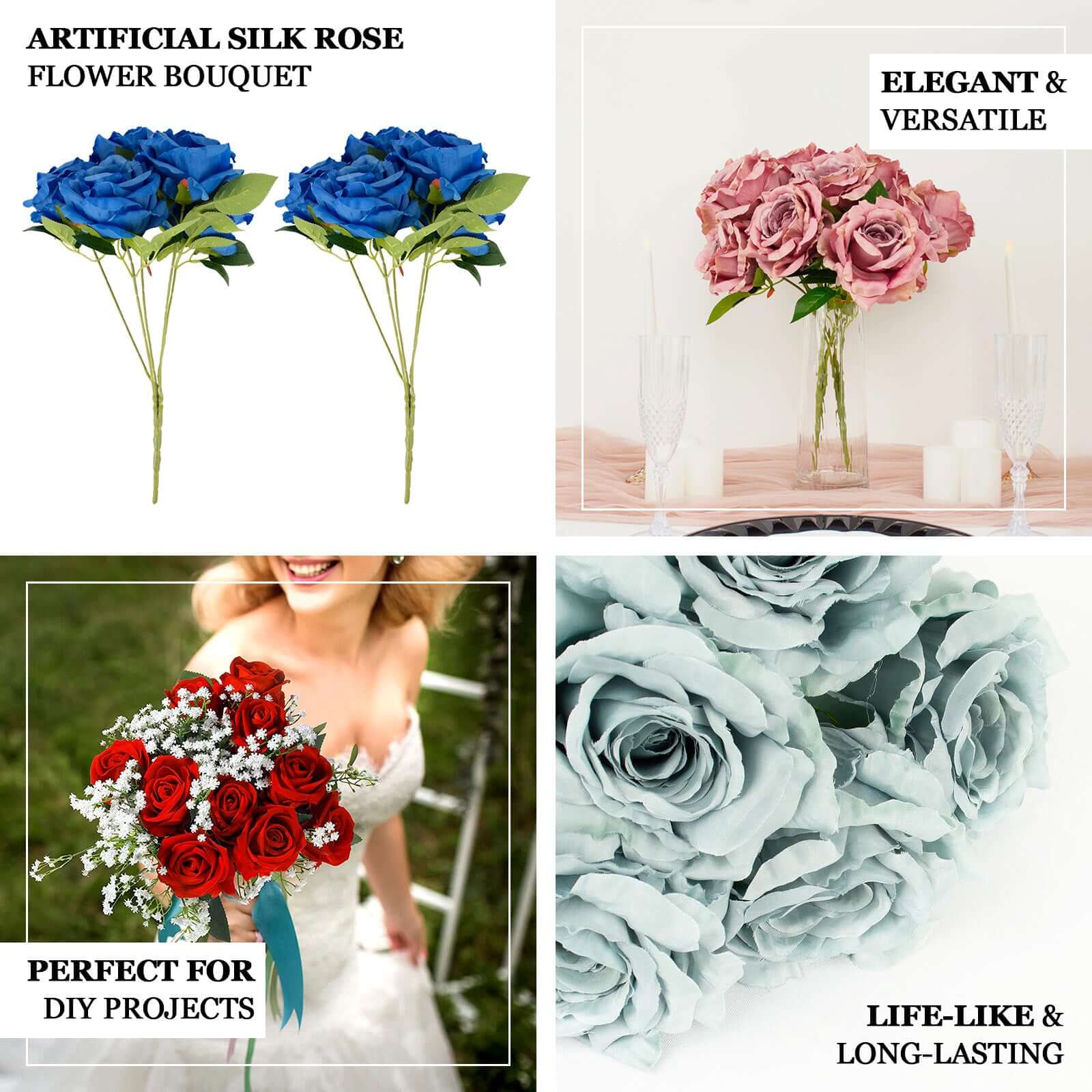 2 Bushes Ivory Premium Silk Jumbo Rose Flower Bouquet, High Quality Artificial Wedding Floral Arrangements 17" - Image 4