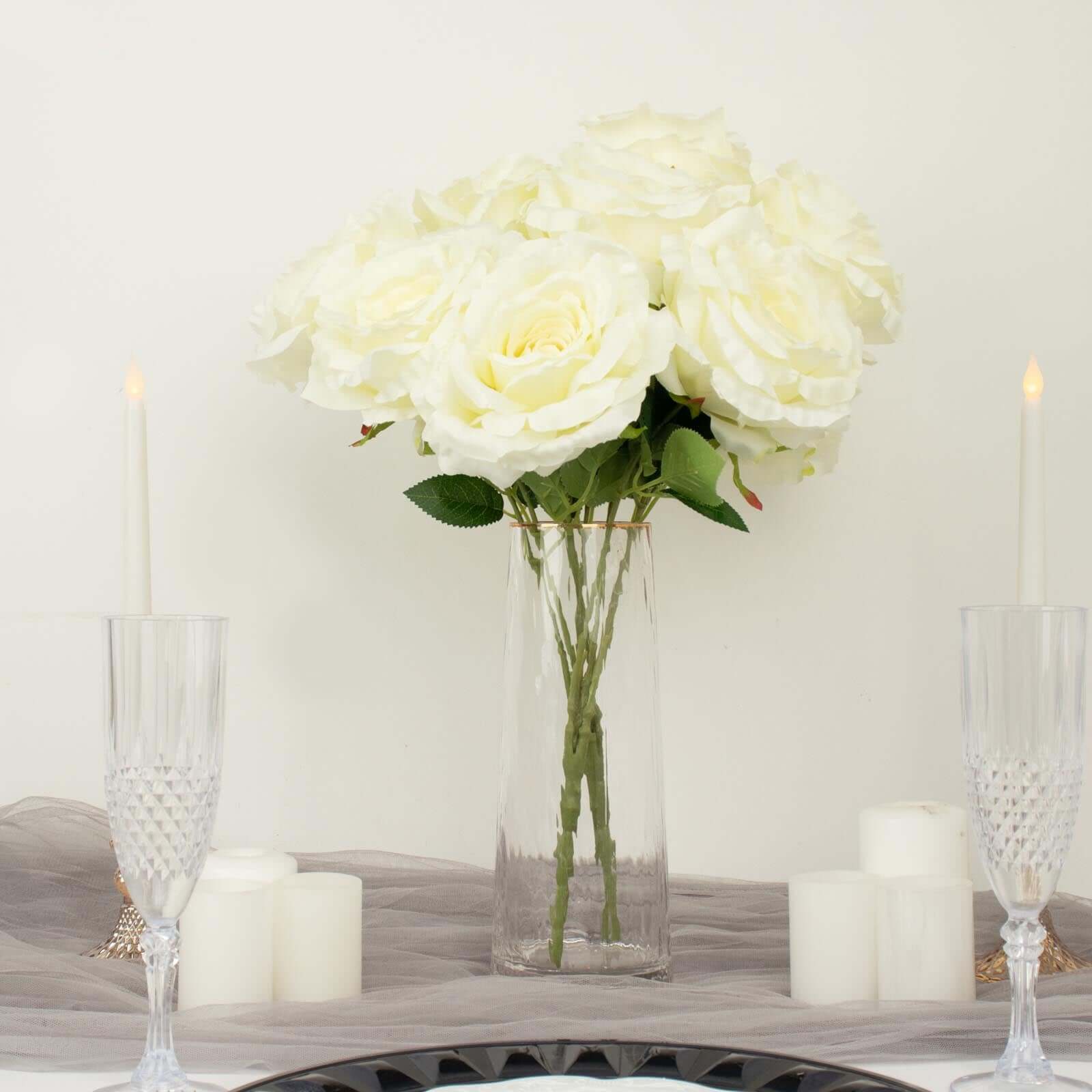 2 Bushes Ivory Premium Silk Jumbo Rose Flower Bouquet, High Quality Artificial Wedding Floral Arrangements 17" - Image 7