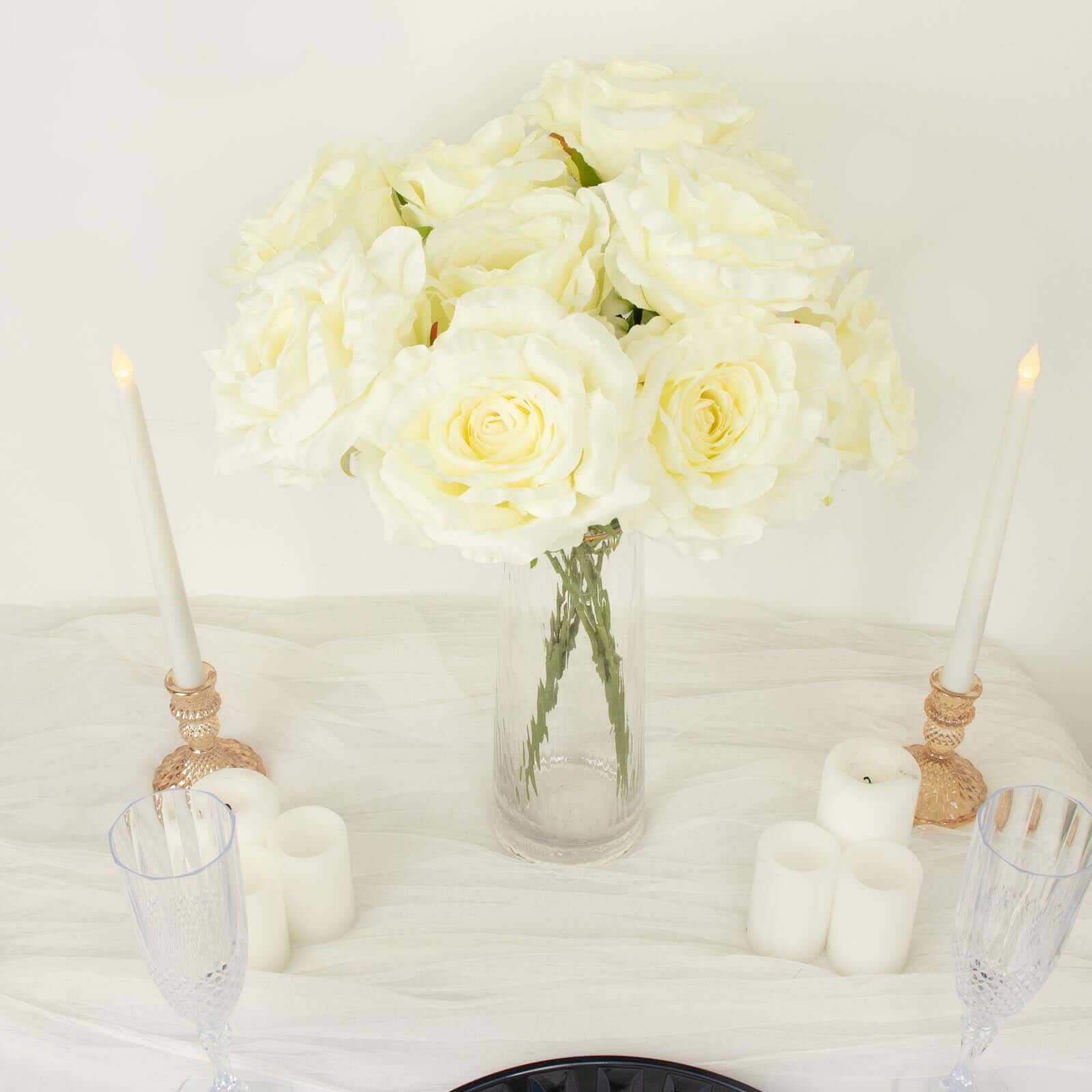 2 Bushes Ivory Premium Silk Jumbo Rose Flower Bouquet, High Quality Artificial Wedding Floral Arrangements 17" - Image 8