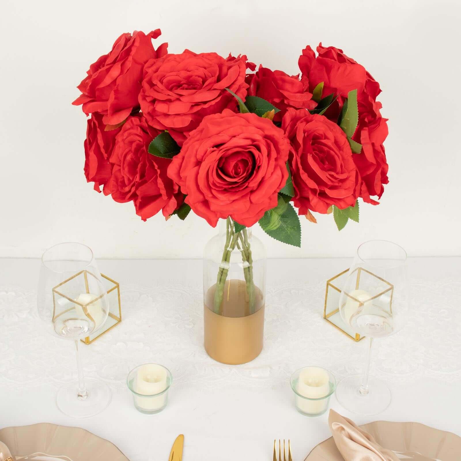 2 Bushes Red Premium Silk Jumbo Rose Flower Bouquet, High Quality Artificial Wedding Floral Arrangements 17" - Image 10