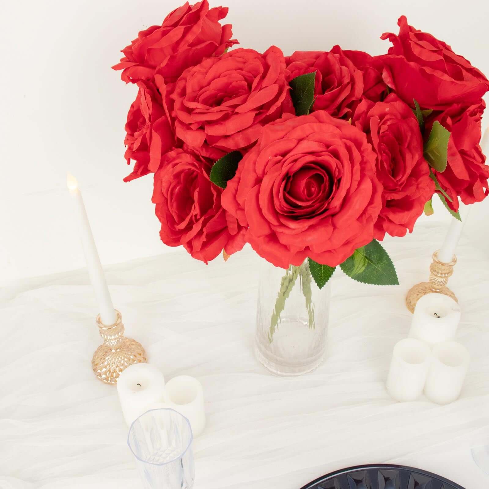 2 Bushes Red Premium Silk Jumbo Rose Flower Bouquet, High Quality Artificial Wedding Floral Arrangements 17" - Image 8