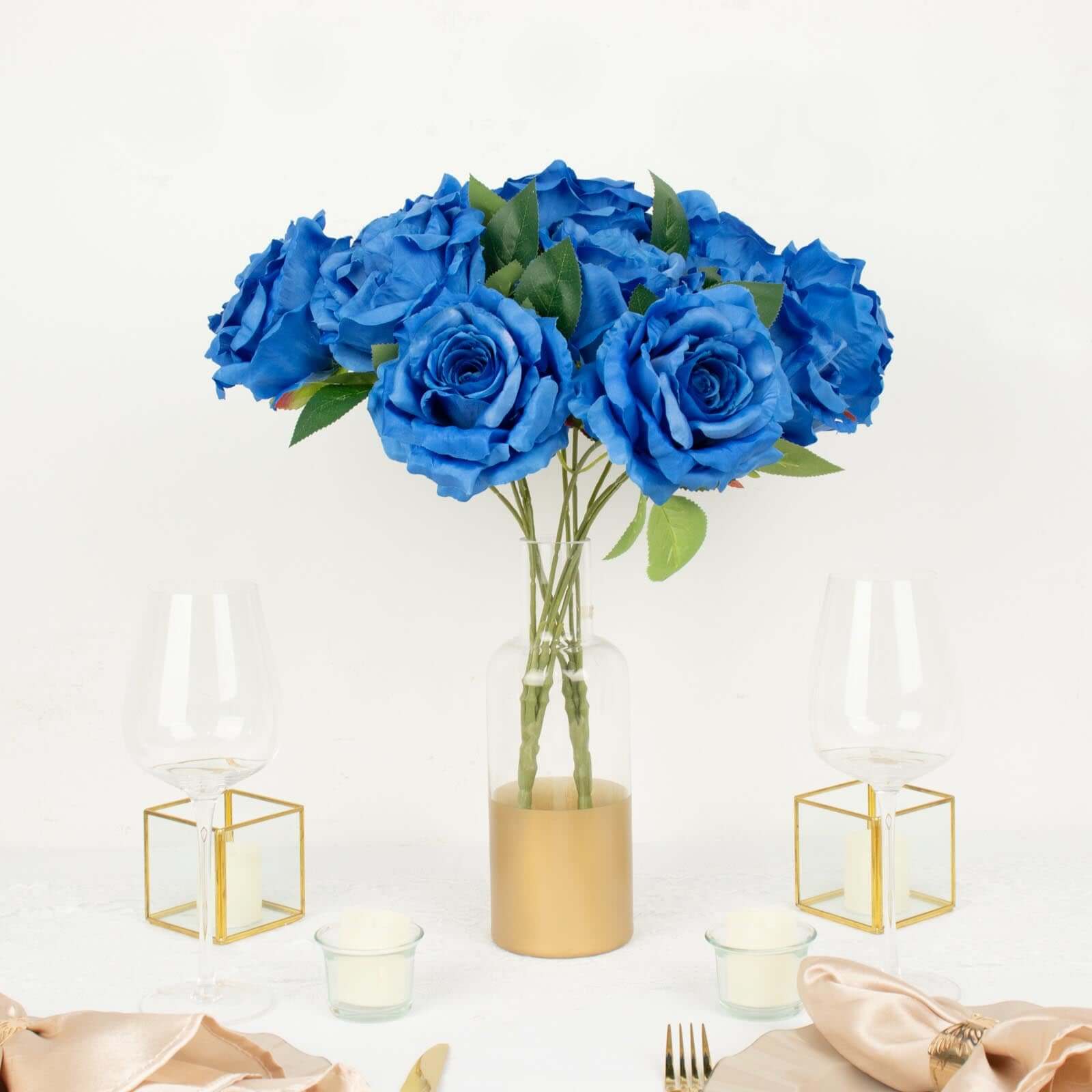 2 Bushes Royal Blue Premium Silk Jumbo Rose Flower Bouquet, High Quality Artificial Wedding Floral Arrangements 17" - Image 7