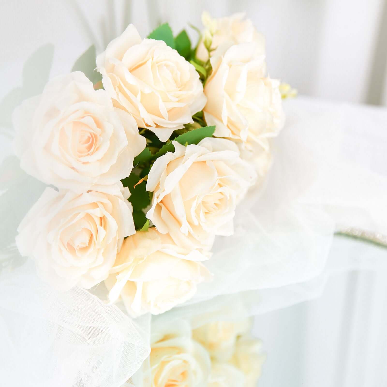 2 Bushes Cream Artificial Silk Rose Flower Arrangements, Real Touch Long Stem Flower Bouquet 18" - Image 9