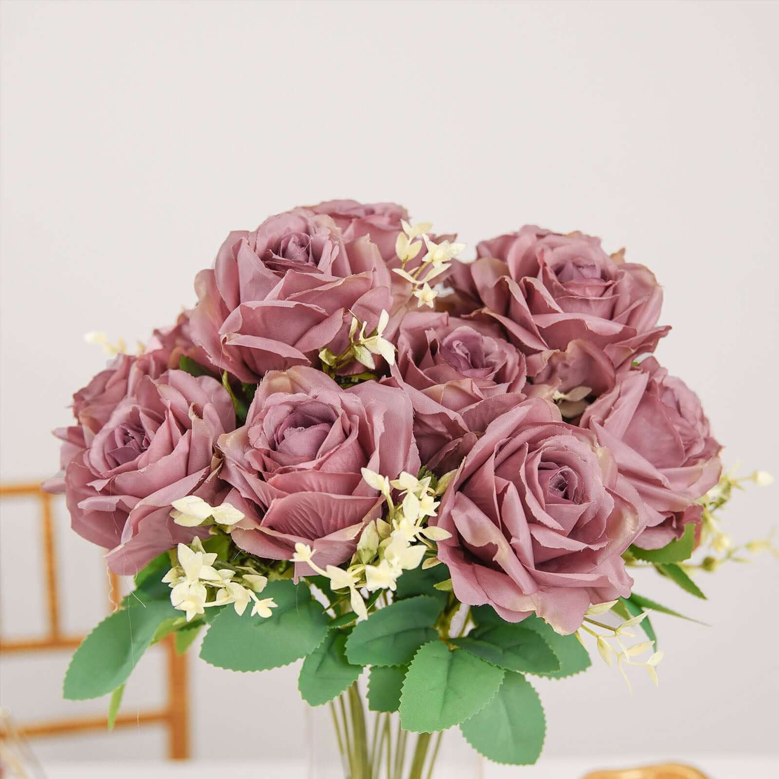 2 Bushes Dusty Rose Artificial Silk Rose Flower Arrangements, Real Touch Long Stem Flower Bouquet 18" - Image 2