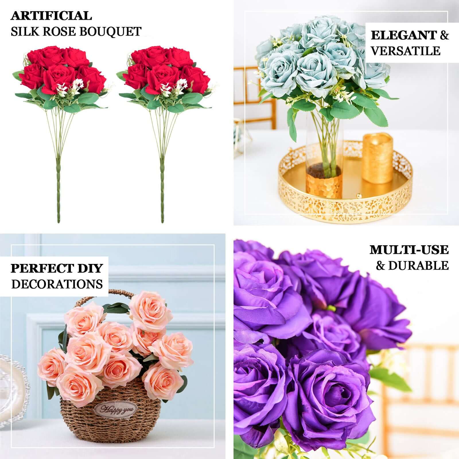 2 Bushes Gold Artificial Silk Rose Flower Arrangements, Real Touch Long Stem Flower Bouquet 18" - Image 4