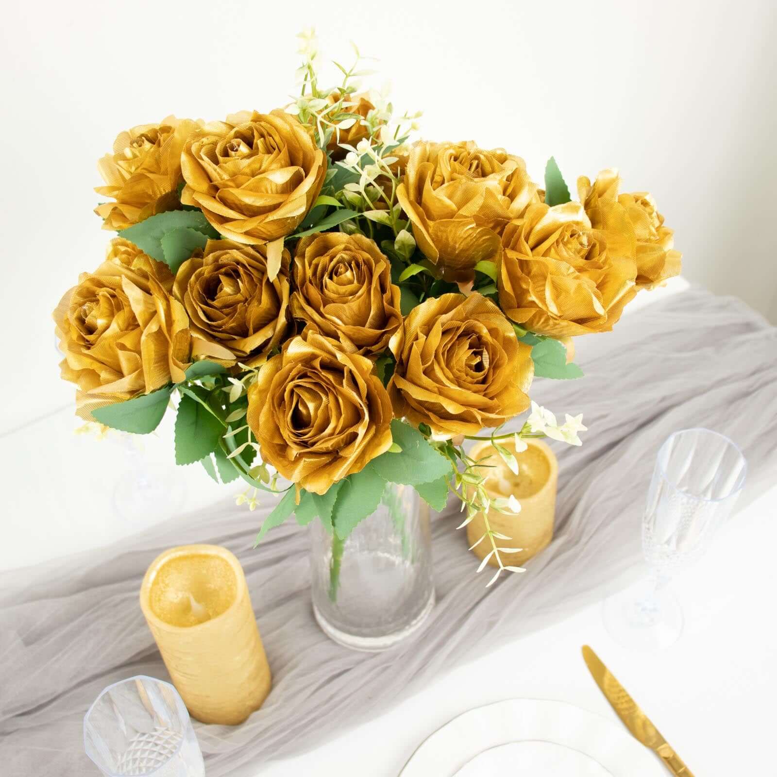 2 Bushes Gold Artificial Silk Rose Flower Arrangements, Real Touch Long Stem Flower Bouquet 18" - Image 7