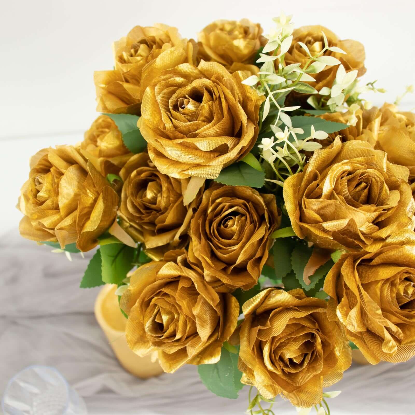 2 Bushes Gold Artificial Silk Rose Flower Arrangements, Real Touch Long Stem Flower Bouquet 18" - Image 8