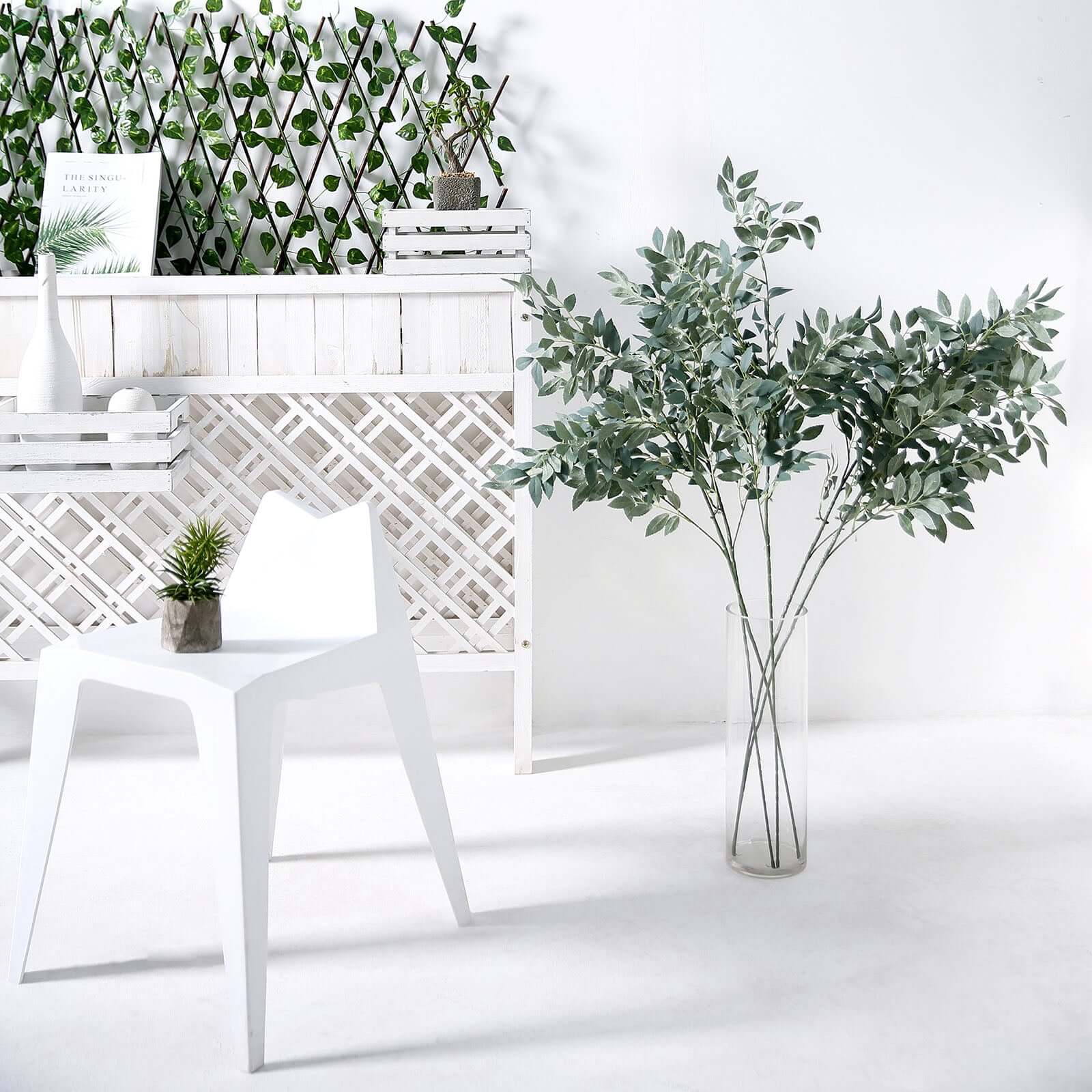 2 Bushes Frosted Green Artificial Silk Plant Stem Vase Fillers, Faux Beech Leaf Branches 42" Tall - Image 2