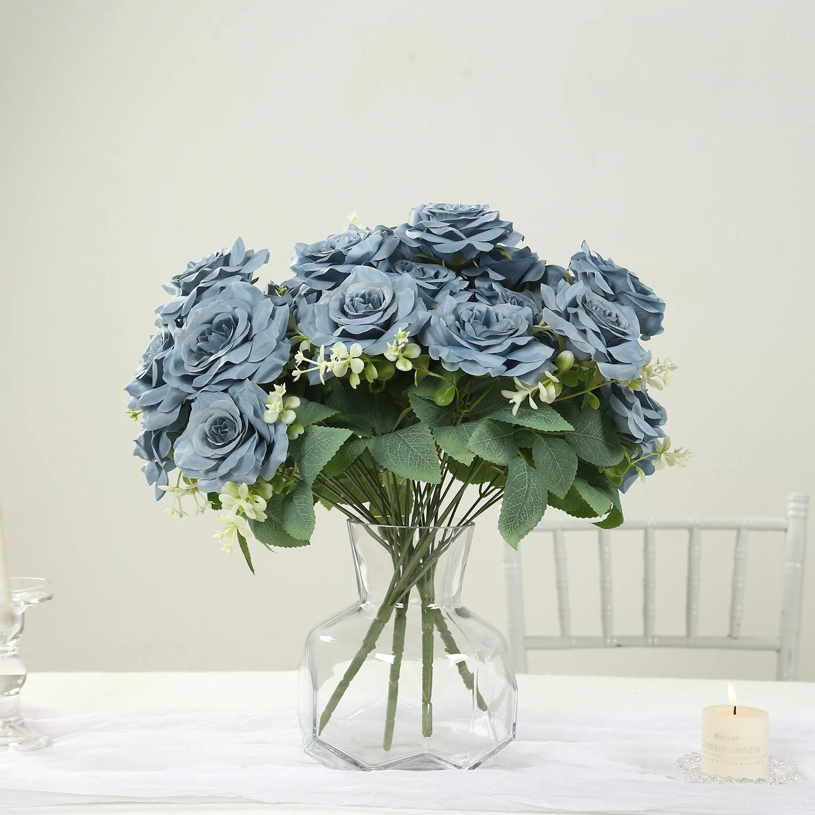 2 Bushes Artificial Silk Rose Flower Arrangements,  Dusty Blue Real Touch Long Stem Flower Bouquet 18" - Image 2