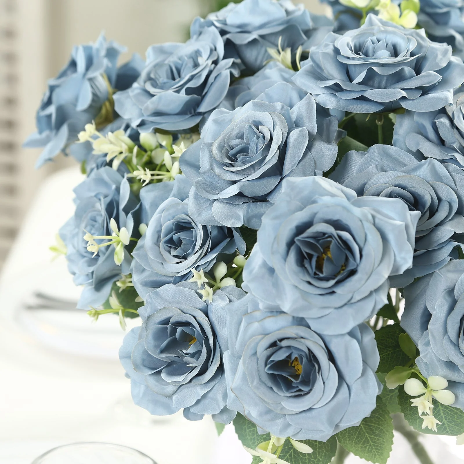 2 Bushes Artificial Silk Rose Flower Arrangements,  Dusty Blue Real Touch Long Stem Flower Bouquet 18" - Image 7