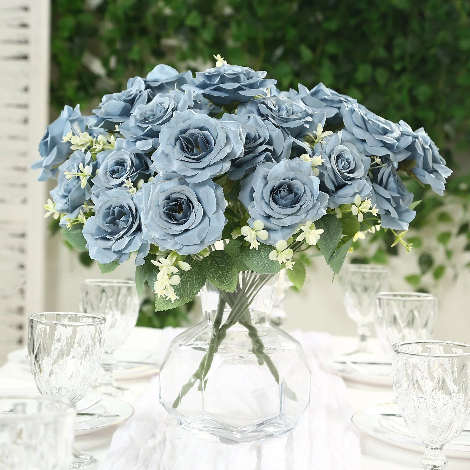 2 Bushes Artificial Silk Rose Flower Arrangements,  Dusty Blue Real Touch Long Stem Flower Bouquet 18" - Image 8