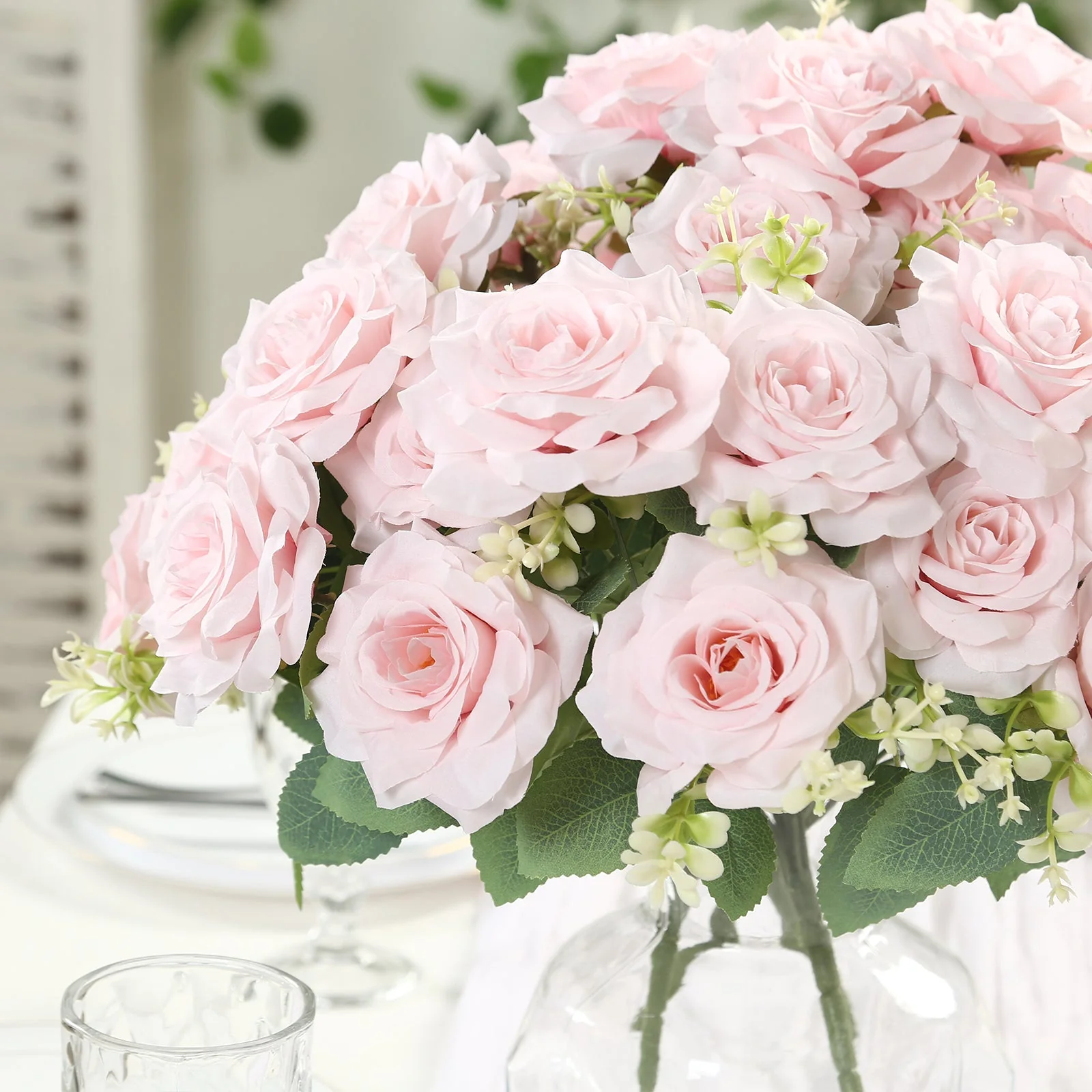 2 Bushes Artificial Silk Rose Flower Arrangements, Light Blush Real Touch Long Stem Flower Bouquet 18" - Image 7