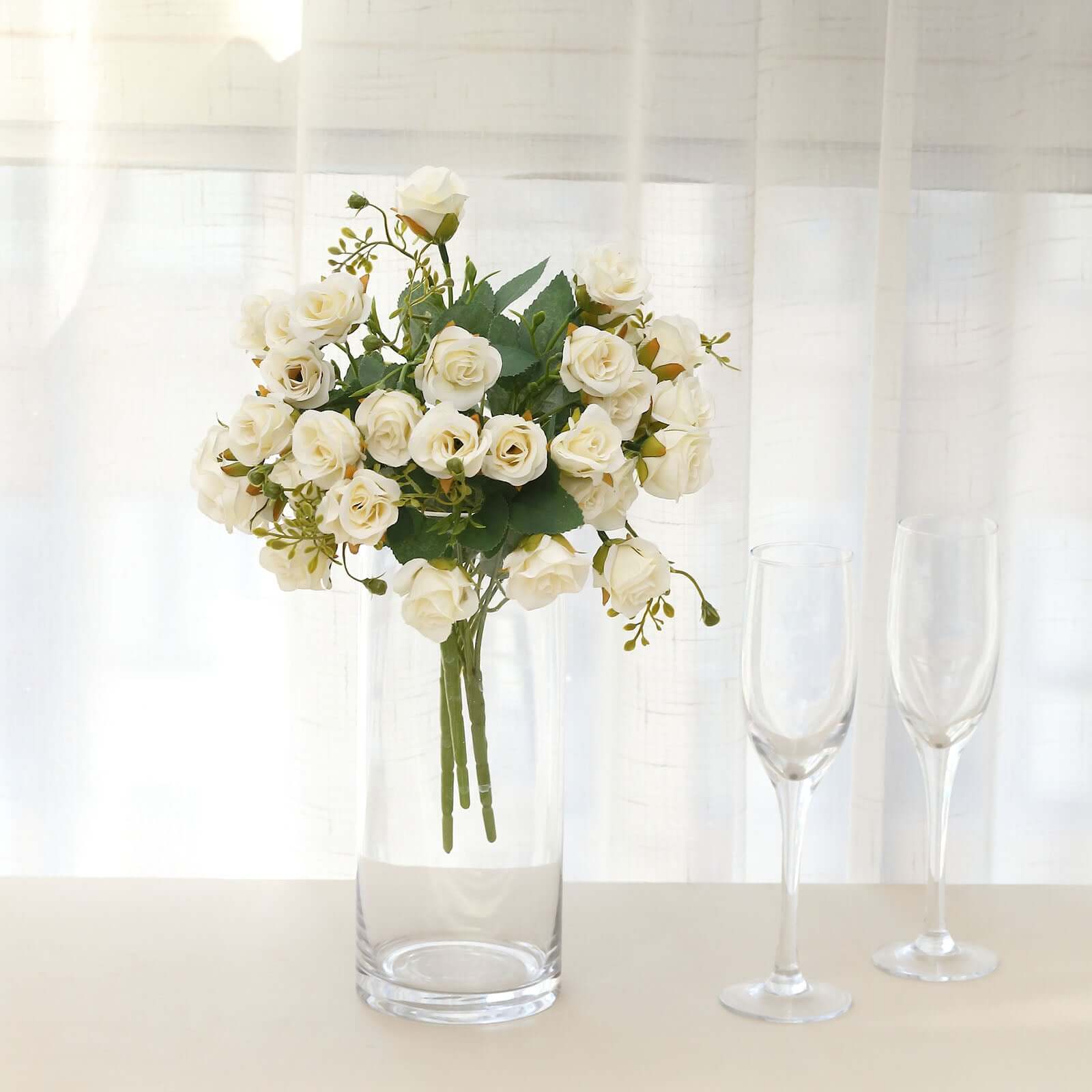 2 Pack Ivory Artificial Open Rose Flower Bouquets, Small Faux Floral Arrangements 12" - Image 4