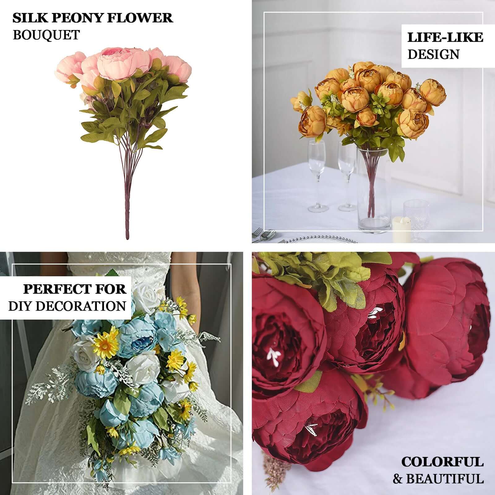 2 Pack Dusty Blue Artificial Peony Flower Wedding Bouquets, Faux Silk Flower Arrangements 19" - Image 4