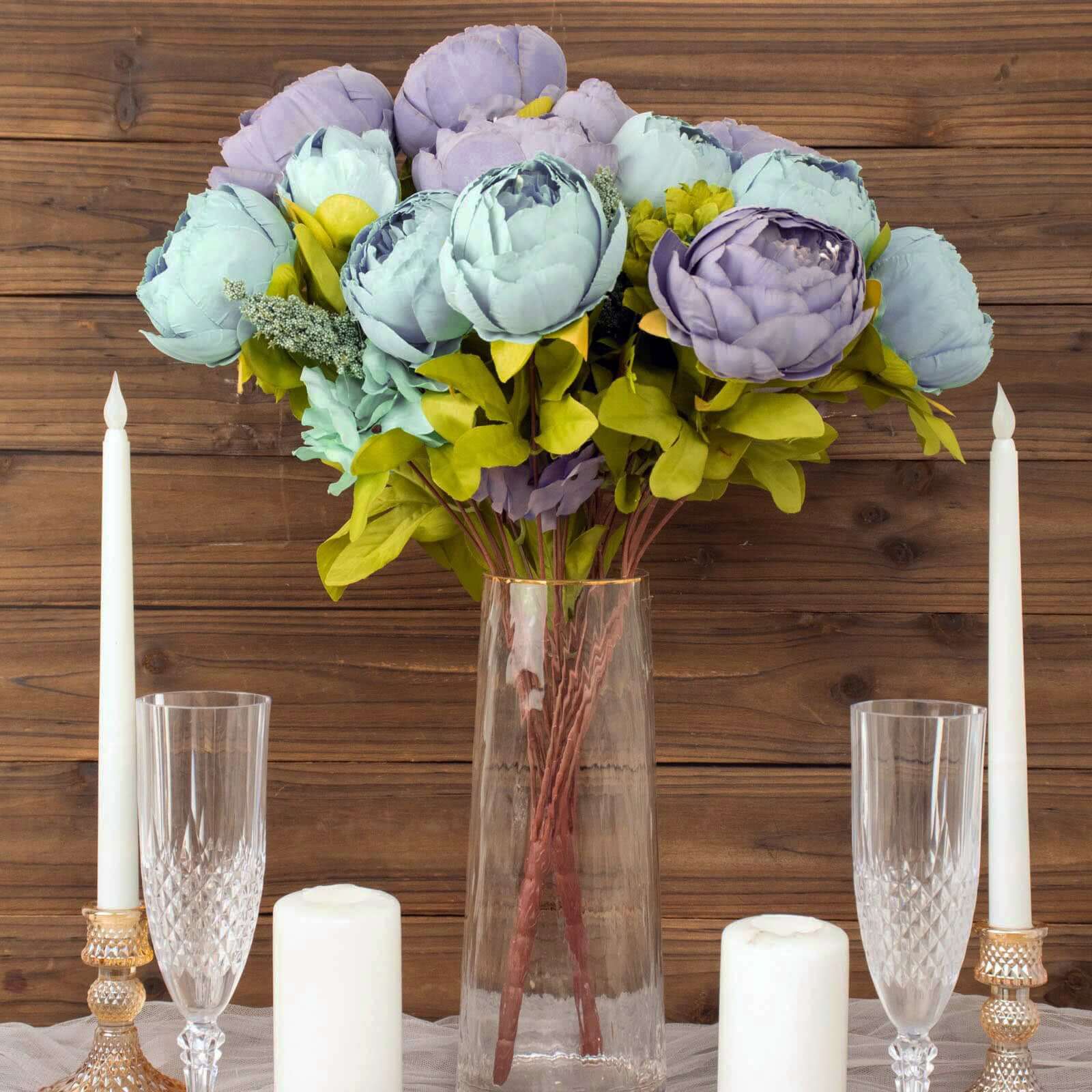 2 Pack Dusty Blue Artificial Peony Flower Wedding Bouquets, Faux Silk Flower Arrangements 19" - Image 6