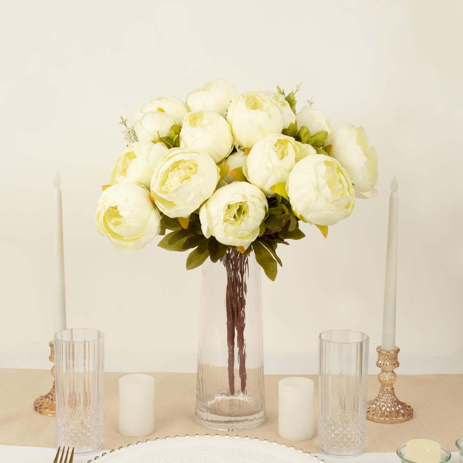 2 Pack Ivory Artificial Peony Flower Wedding Bouquets, Faux Silk Flower Arrangements 19"