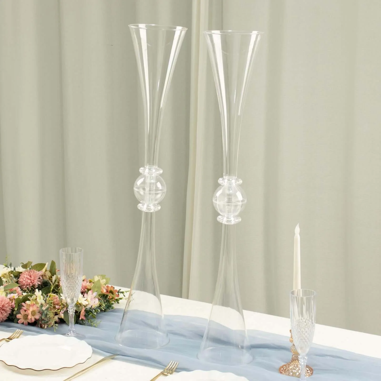 2 Pack Clear Crystal Embellishment Trumpet Table Centerpiece, Reversible Plastic Flower Vase 31" - Image 7