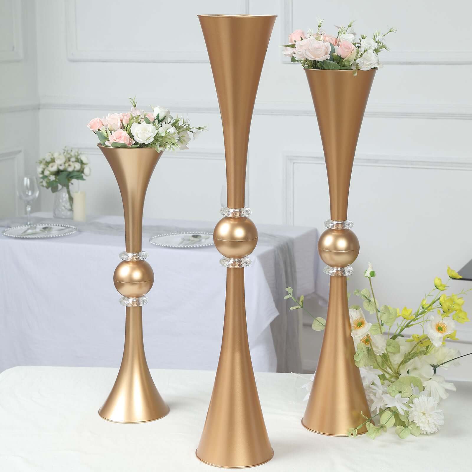 2 Pack Gold Crystal Embellishment Trumpet Table Centerpiece, Reversible Plastic Flower Vase 31" - Image 9