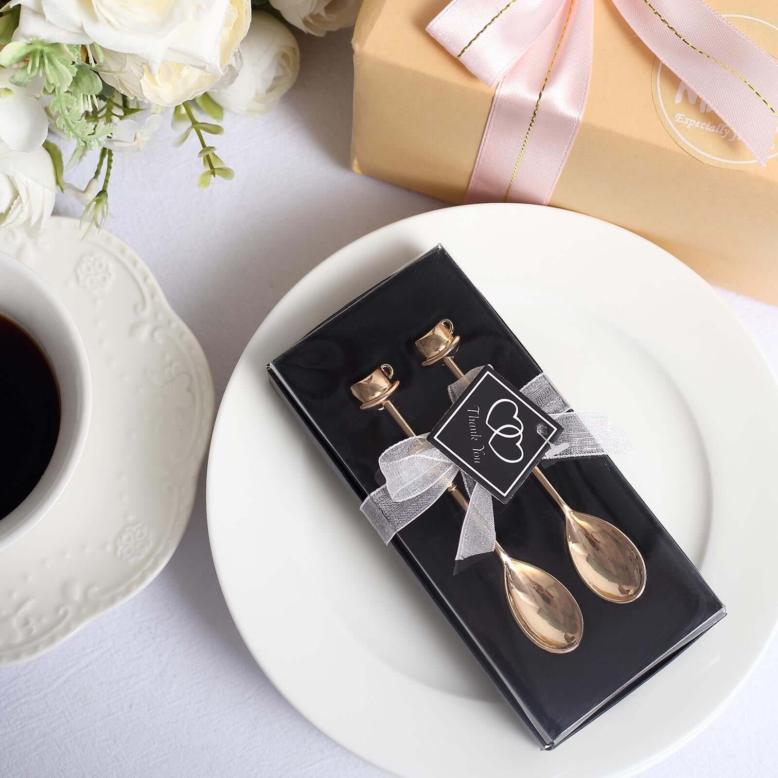 2 Pack Gold Metal Couple Coffee Spoon Set Party Favors, Pre-Packed Wedding Souvenir Gift 4" - Image 5