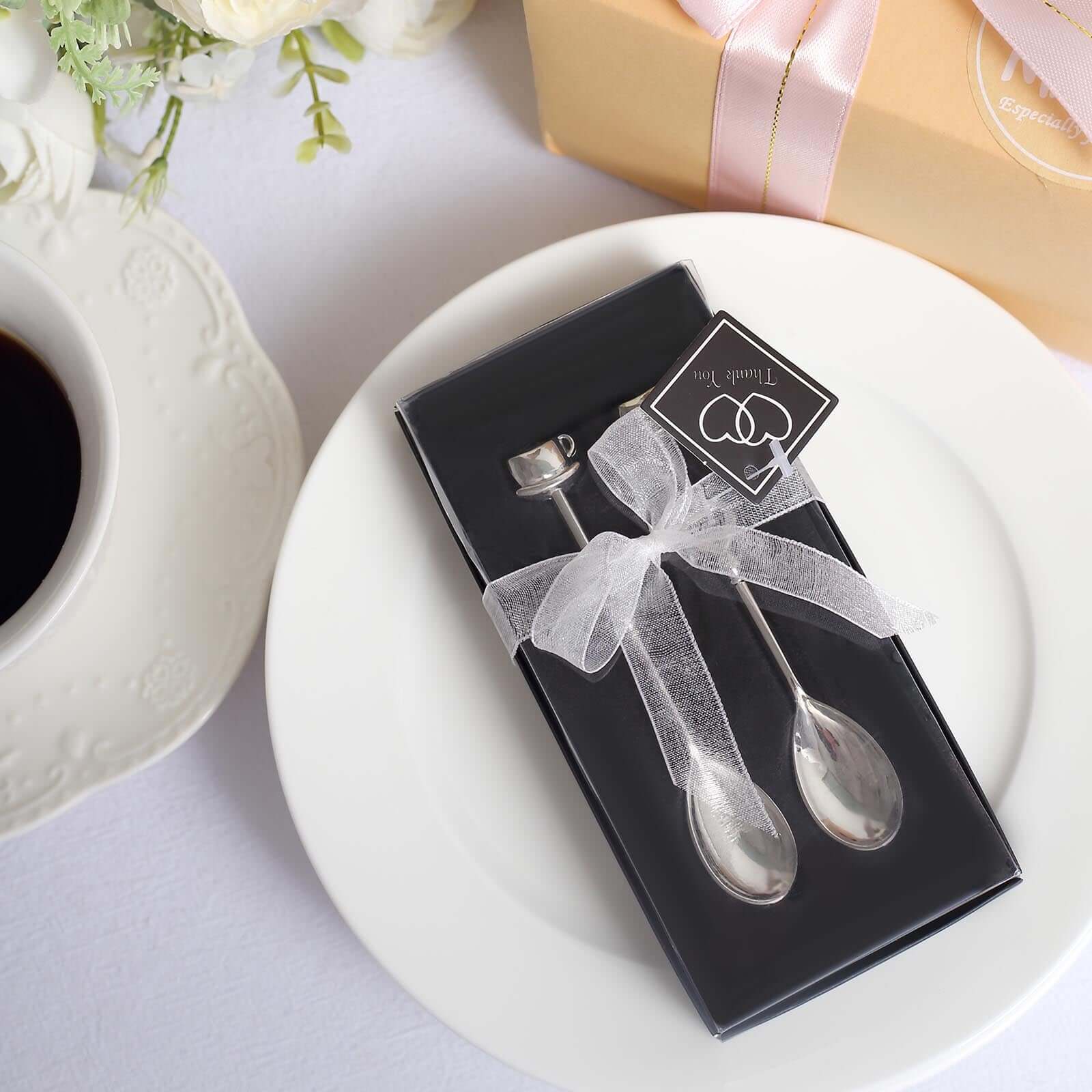 2 Pack Silver Metal Couple Coffee Spoon Set Party Favors, Pre-Packed Wedding Souvenir Gift 4" - Image 5