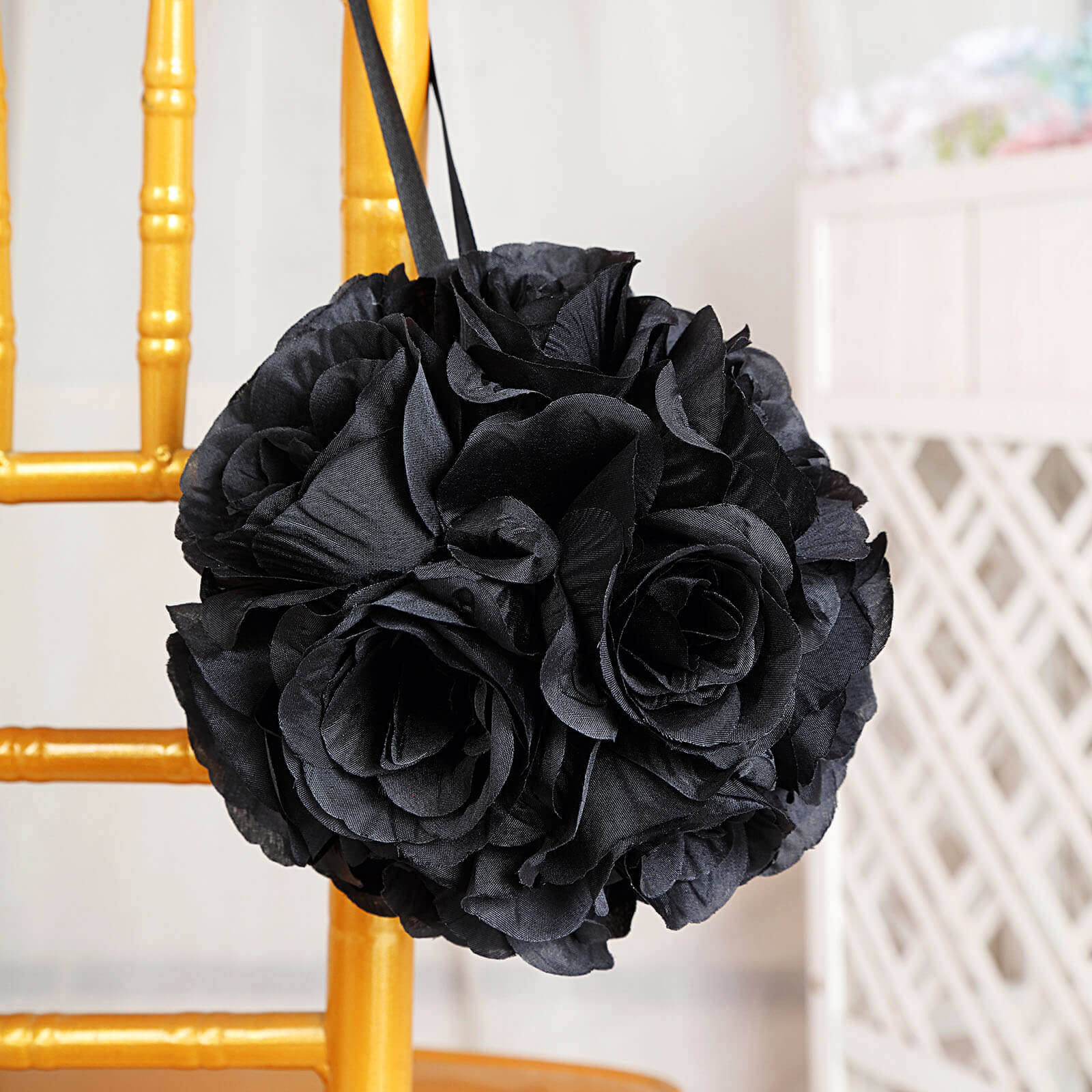 2 Pack Black Artificial Silk Rose Kissing Ball, Faux Flower Ball 7" - Image 7
