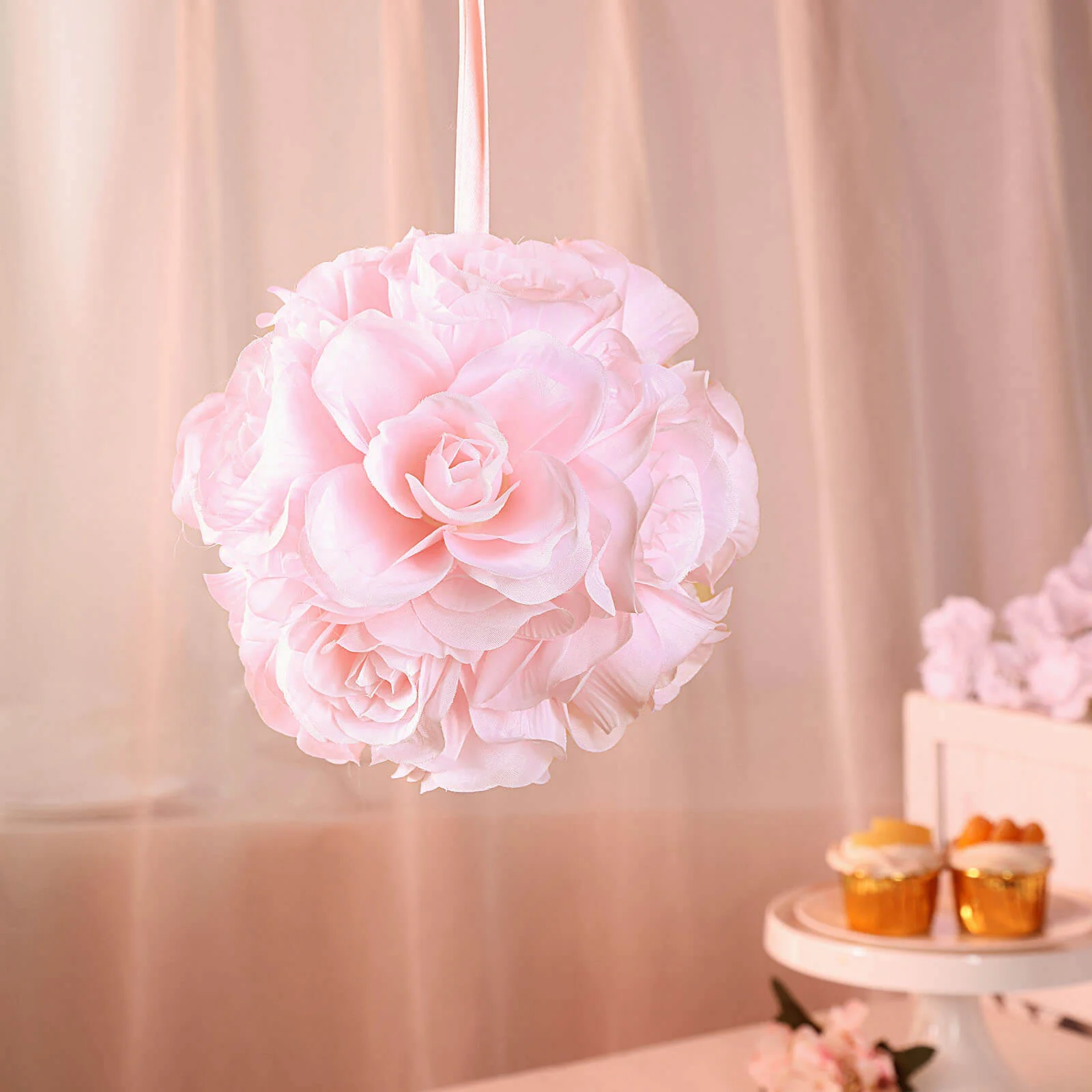 2 Pack Blush Artificial Silk Rose Kissing Ball, Flower Ball 7" - Image 7