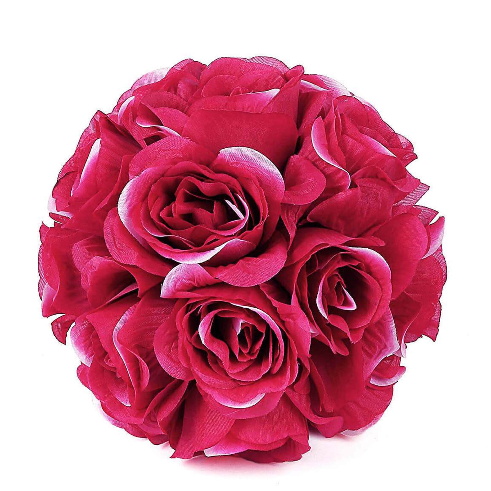 2 Pack Fuchsia Artificial Silk Rose Kissing Ball, Flower Ball 7" - Image 8
