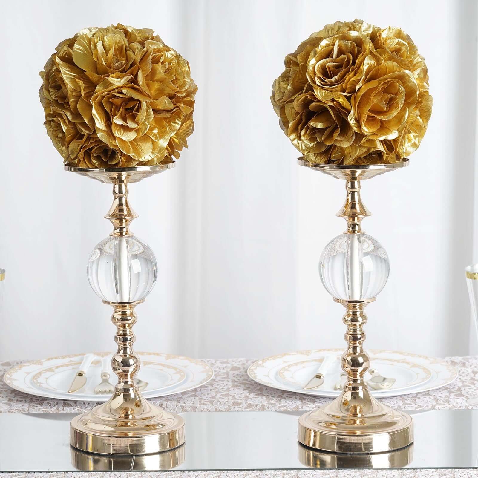 2 Pack Gold Artificial Silk Rose Kissing Ball, Faux Flower Ball 7" - Image 2