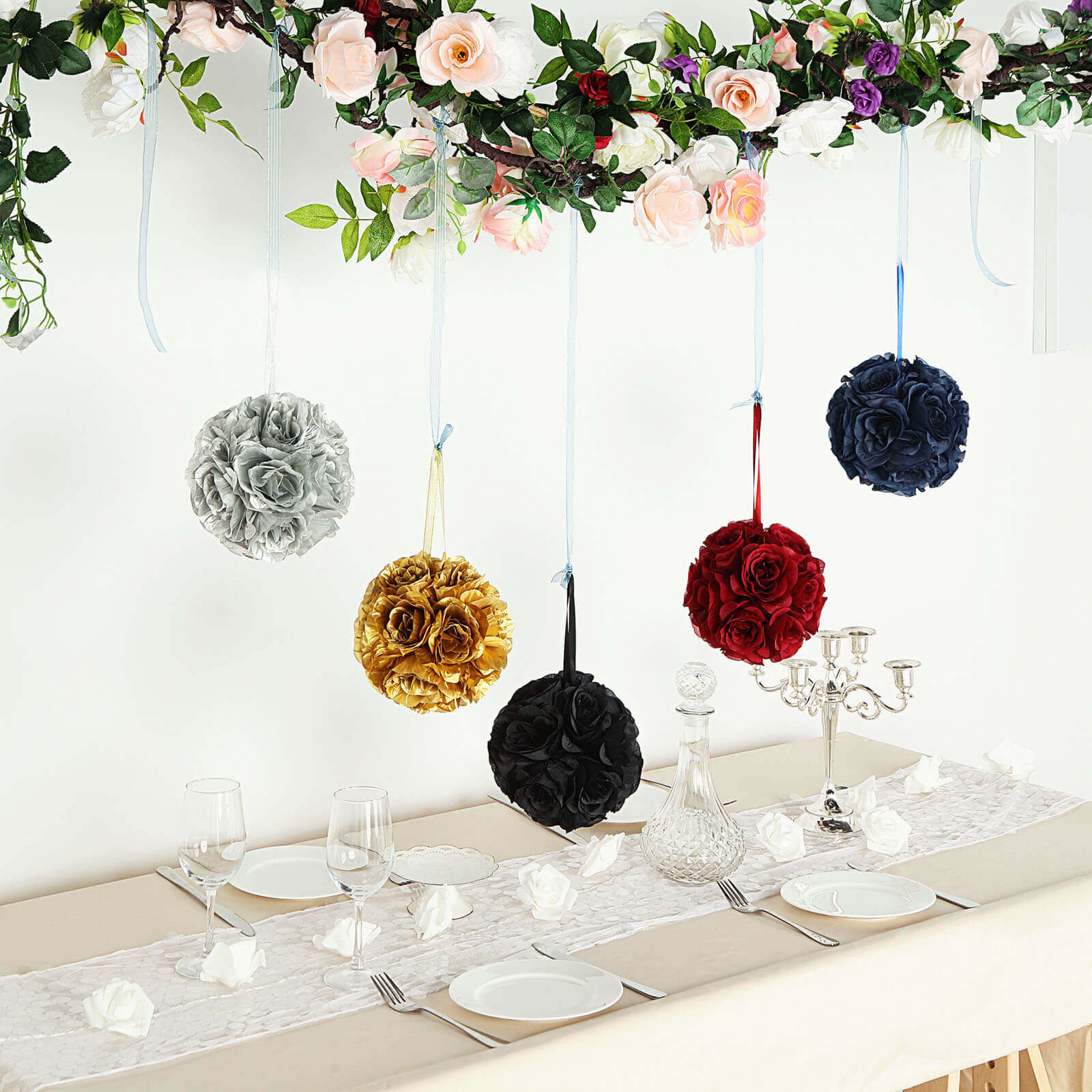 2 Pack Navy Blue Artificial Silk Rose Kissing Ball, Flower Ball 7" - Image 7