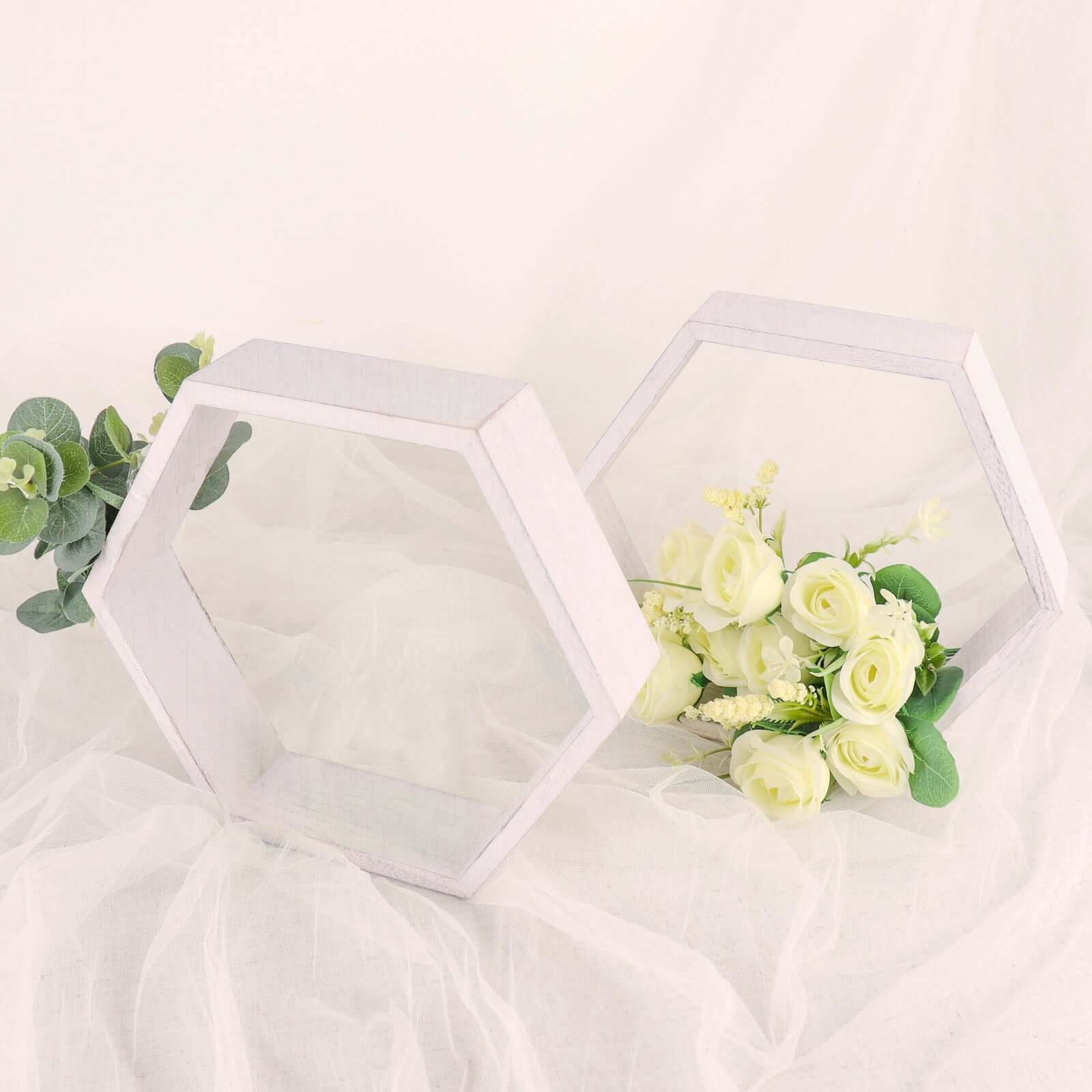 2 Pack Whitewashed Wood Centerpiece, Geometric Terrarium, Honeycomb Storage Shelf 9" Hexagon - Image 11