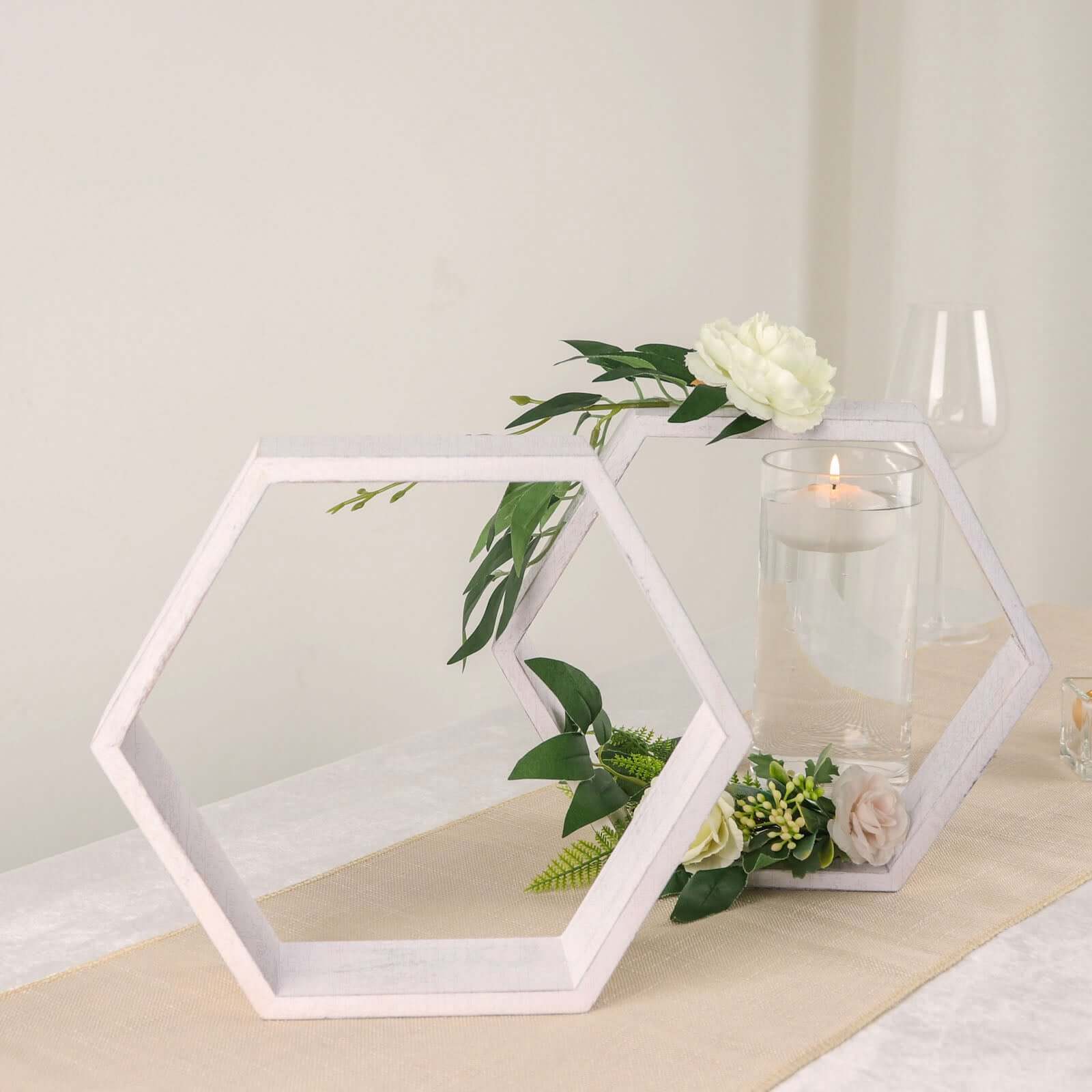 2 Pack Whitewashed Wood Centerpiece, Geometric Terrarium, Honeycomb Storage Shelf 9" Hexagon - Image 2