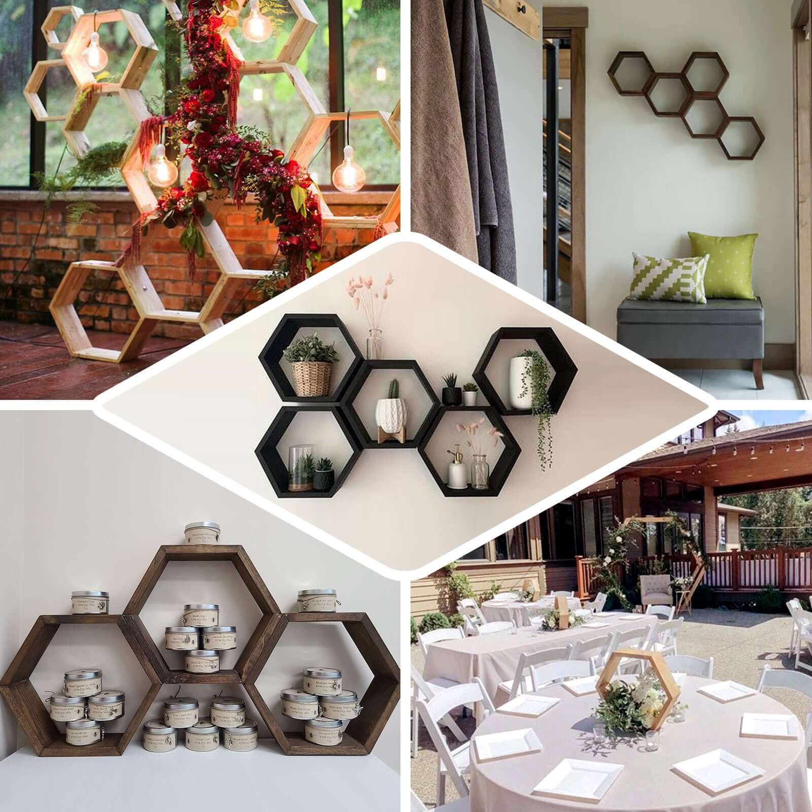 2 Pack Whitewashed Wood Centerpiece, Geometric Terrarium, Honeycomb Storage Shelf 9" Hexagon - Image 5