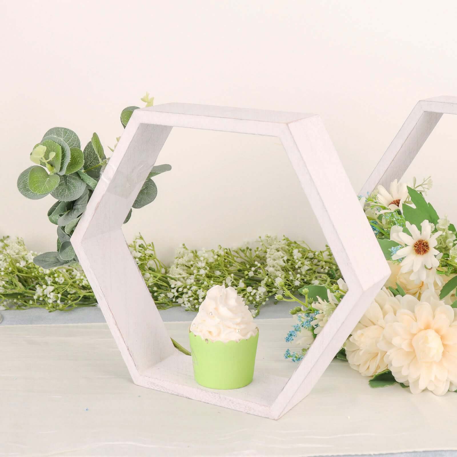 2 Pack Whitewashed Wood Centerpiece, Geometric Terrarium, Honeycomb Storage Shelf 9" Hexagon - Image 8