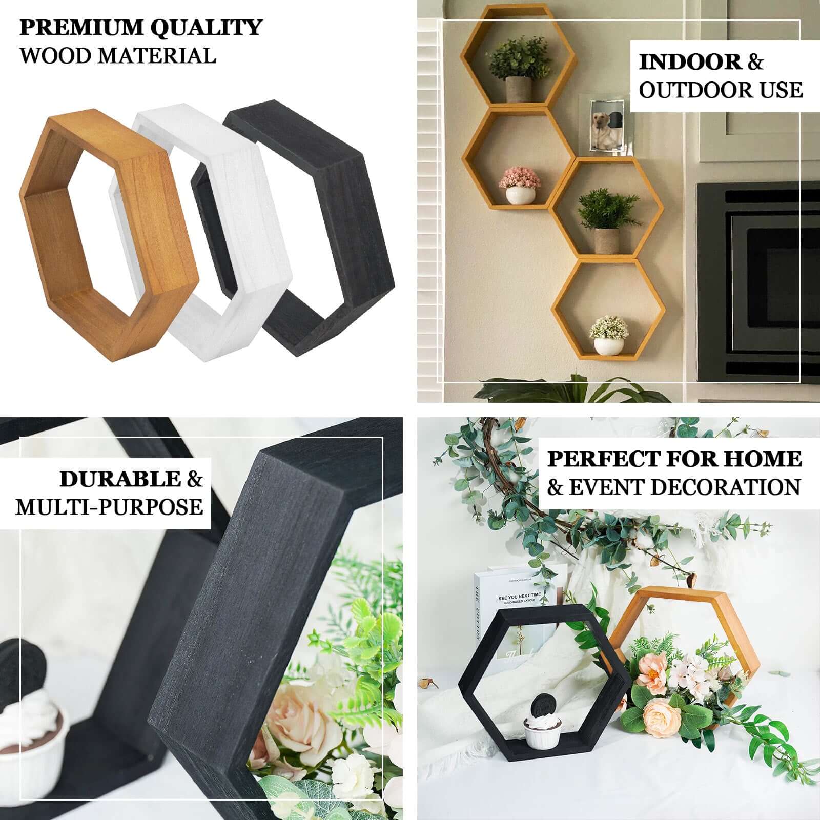 2 Pack Hexagon Rustic Wood Centerpiece Natural Geometric Terrarium Honeycomb Storage Shelf 9" Tall - Image 4