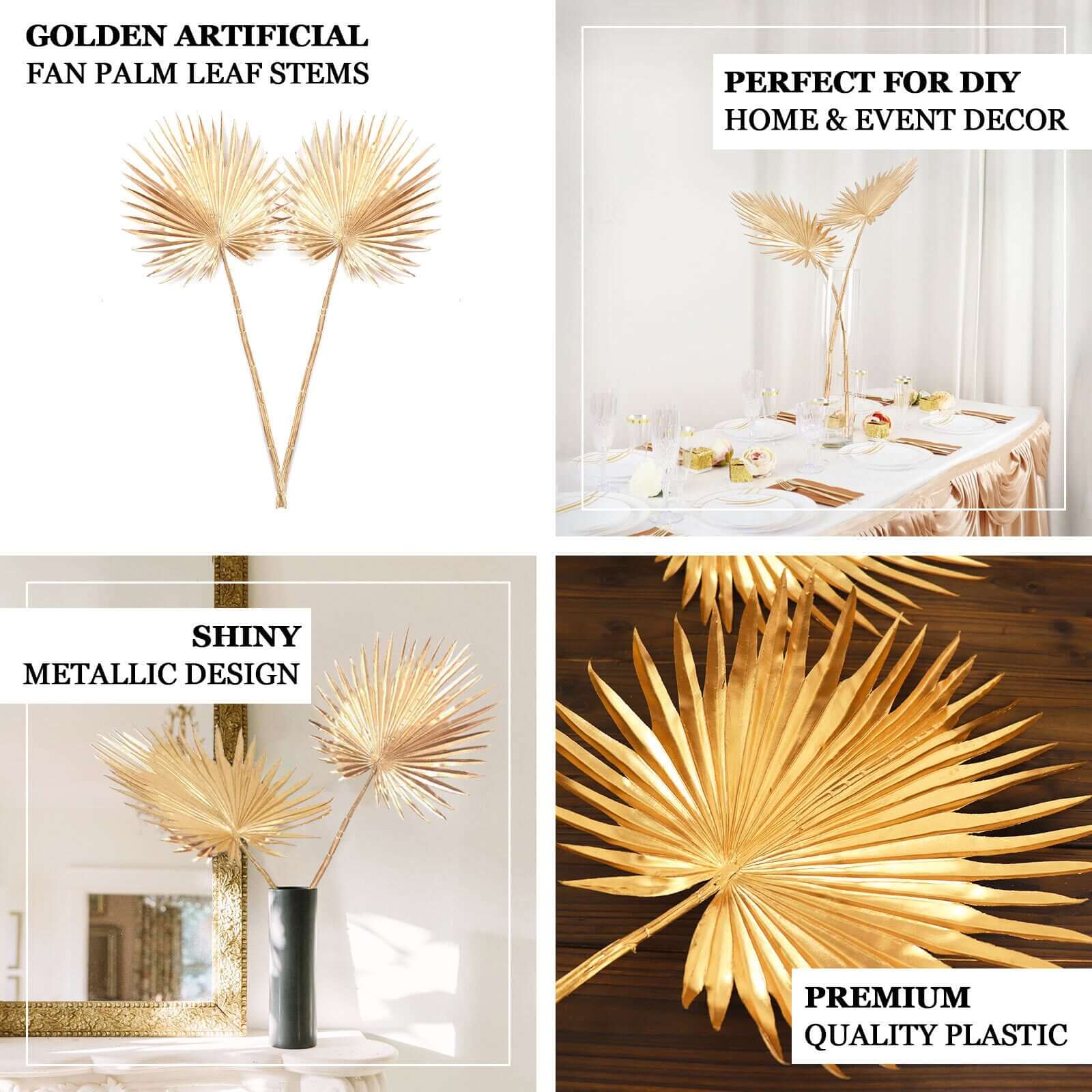2-Pack Artificial Fan Palm Leaf Stems 34" Metallic Gold - Tropical & Stylish Faux Plant Floral Arrangement Table Centerpiece Decor - Image 4