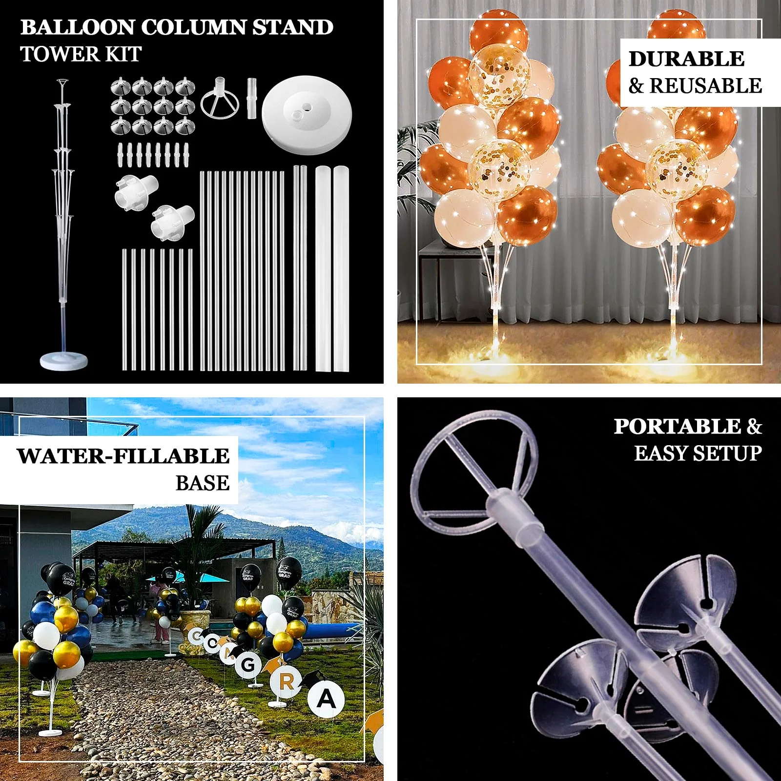 2 Pack Balloon Column Stands – 4.5ft Clear Balloon Tower Kit with Water-Fillable Base for Floor Displays - Image 4