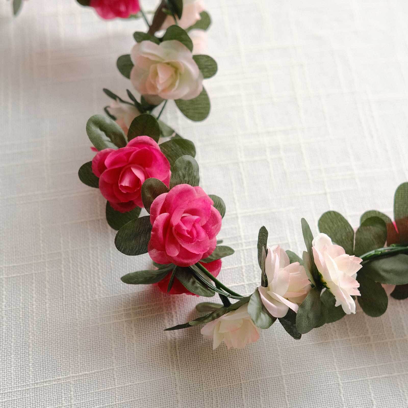2 Pack Blush Fuchsia Artificial Silk Mini Rose Vines Hanging Flower Garland with 45 Flower Heads - 8ft - Image 2