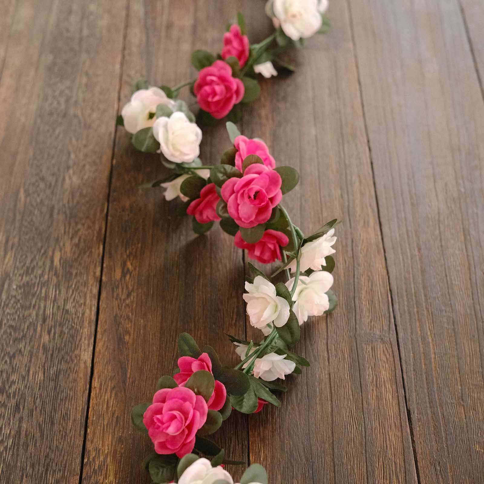2 Pack Blush Fuchsia Artificial Silk Mini Rose Vines Hanging Flower Garland with 45 Flower Heads - 8ft - Image 9