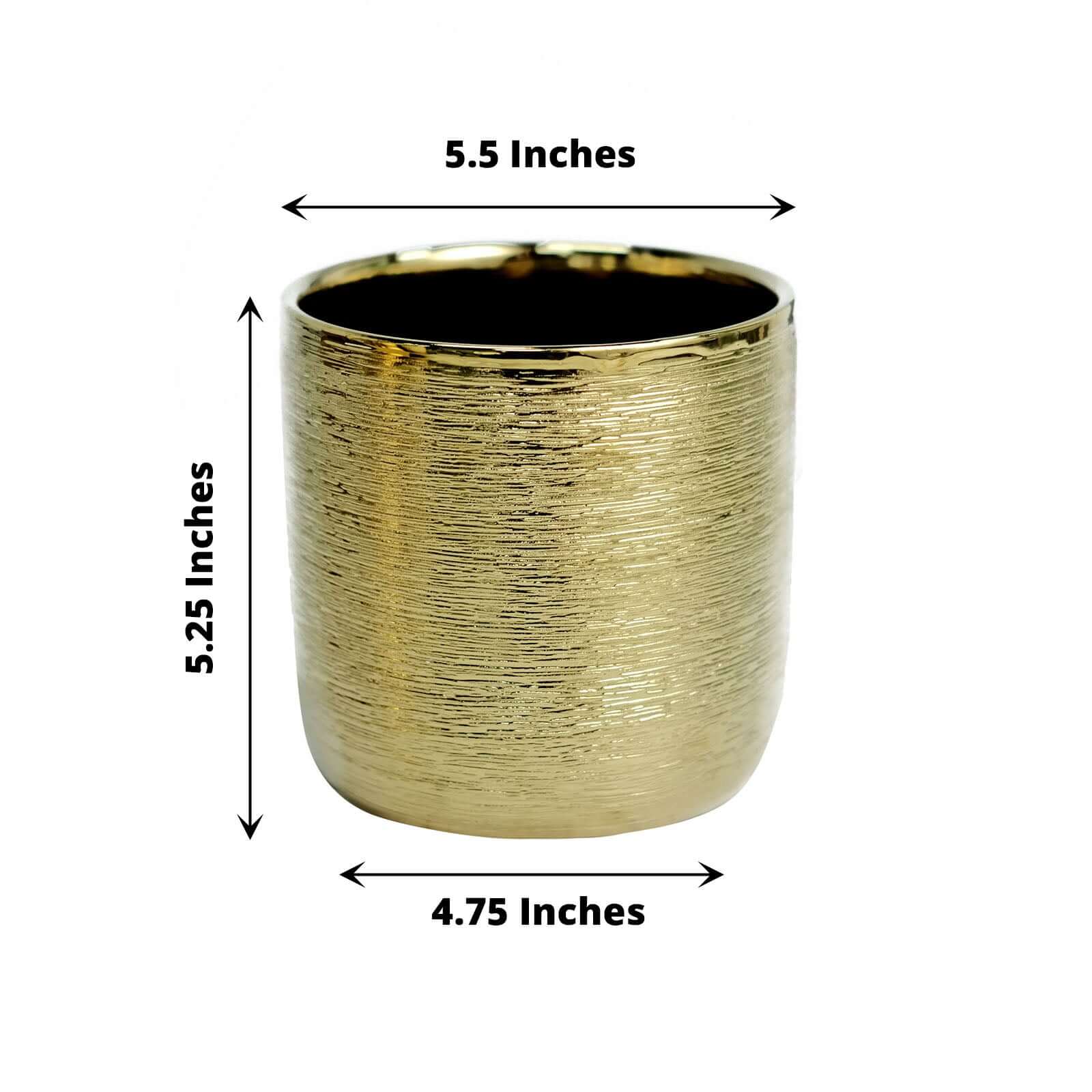 2-Pack Ceramic Flower Plant Pots 5" Round Textured Design Metallic Gold - Cylindrical Indoor Planters - Image 3
