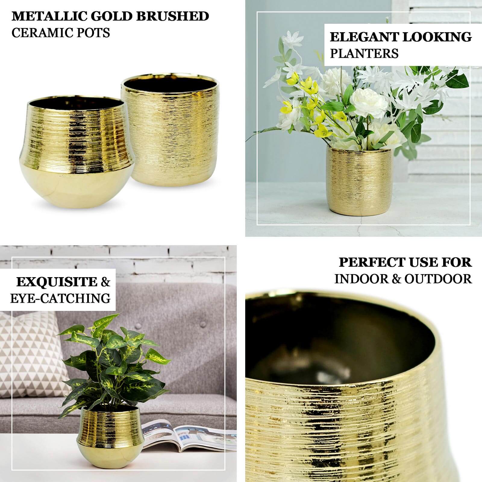 2-Pack Ceramic Flower Plant Pots 5" Round Textured Design Metallic Gold - Cylindrical Indoor Planters - Image 4