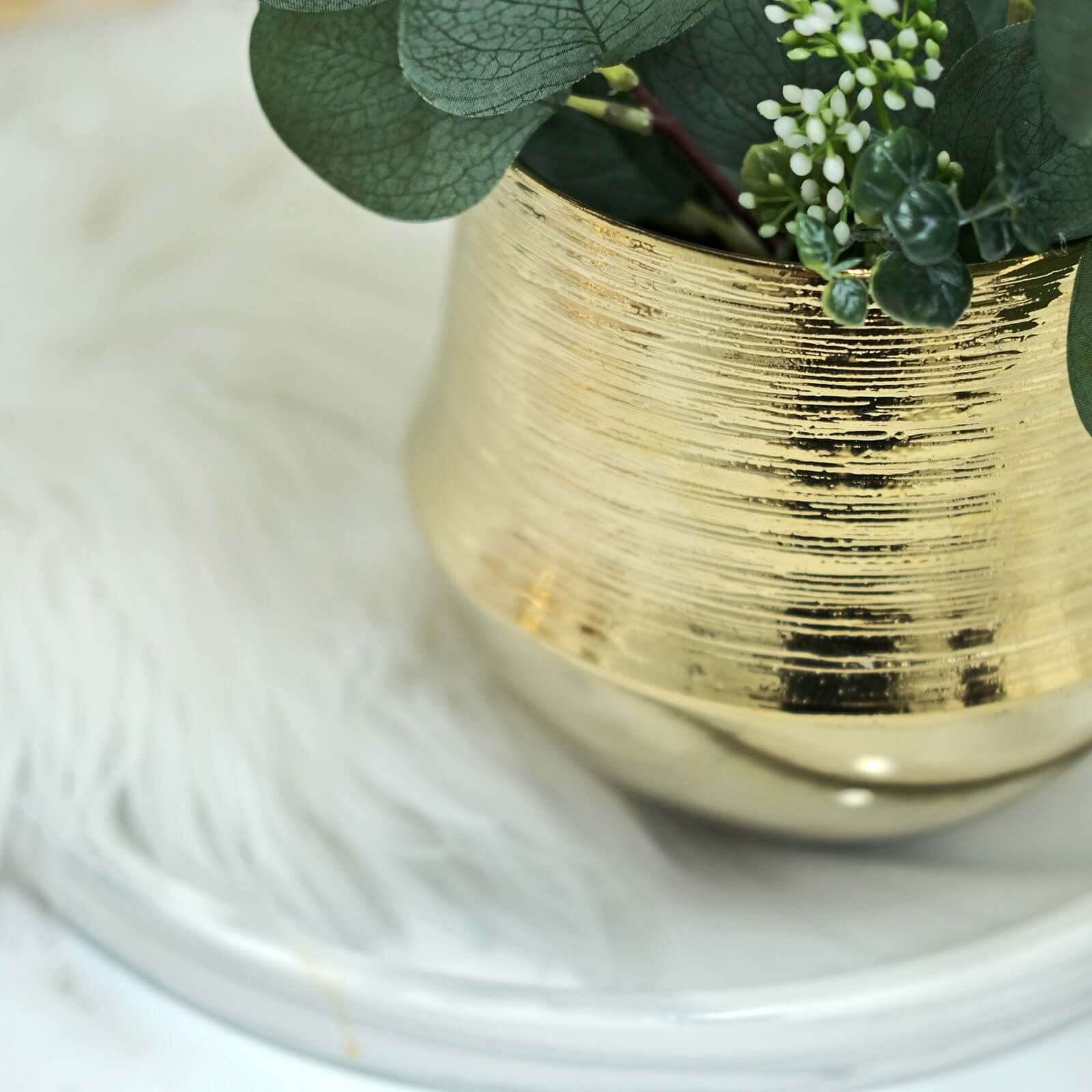 2-Pack Ceramic Flower Plant Pots 6" Round Textured Design Metallic Gold - Cylindrical Bell Shaped Indoor Planters - Image 2
