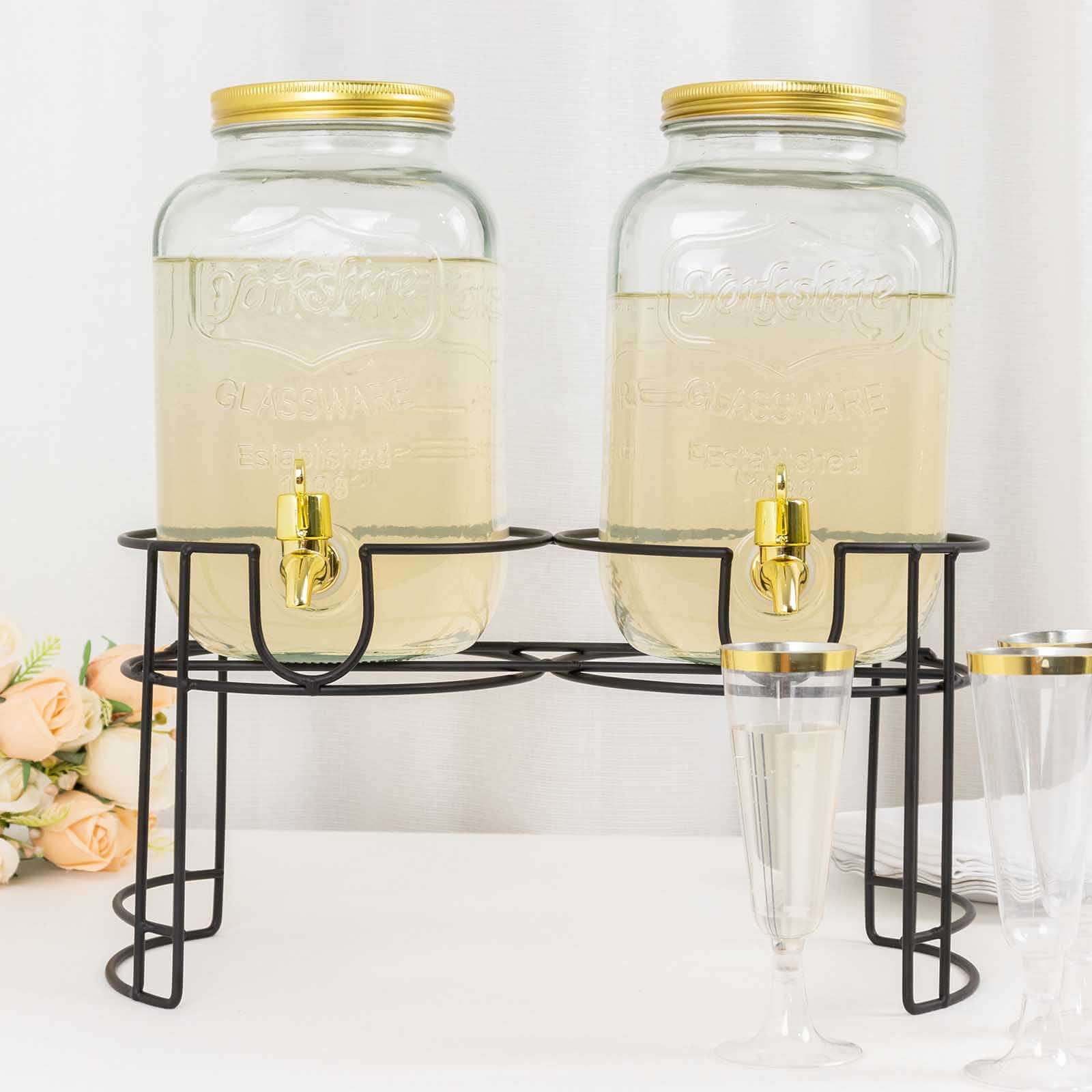 2-Pack Clear Glass Beverage Dispenser Stand 2-Gallon, Dual Juice Jars with Gold Metal Lids and Spigot - Convenient Serving Feature - Image 5
