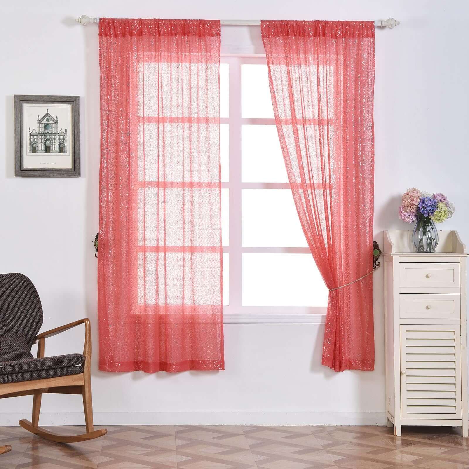 2 Pack Coral Sequin Curtains With Rod Pocket Window Treatment Panels 52"x84" - Image 10
